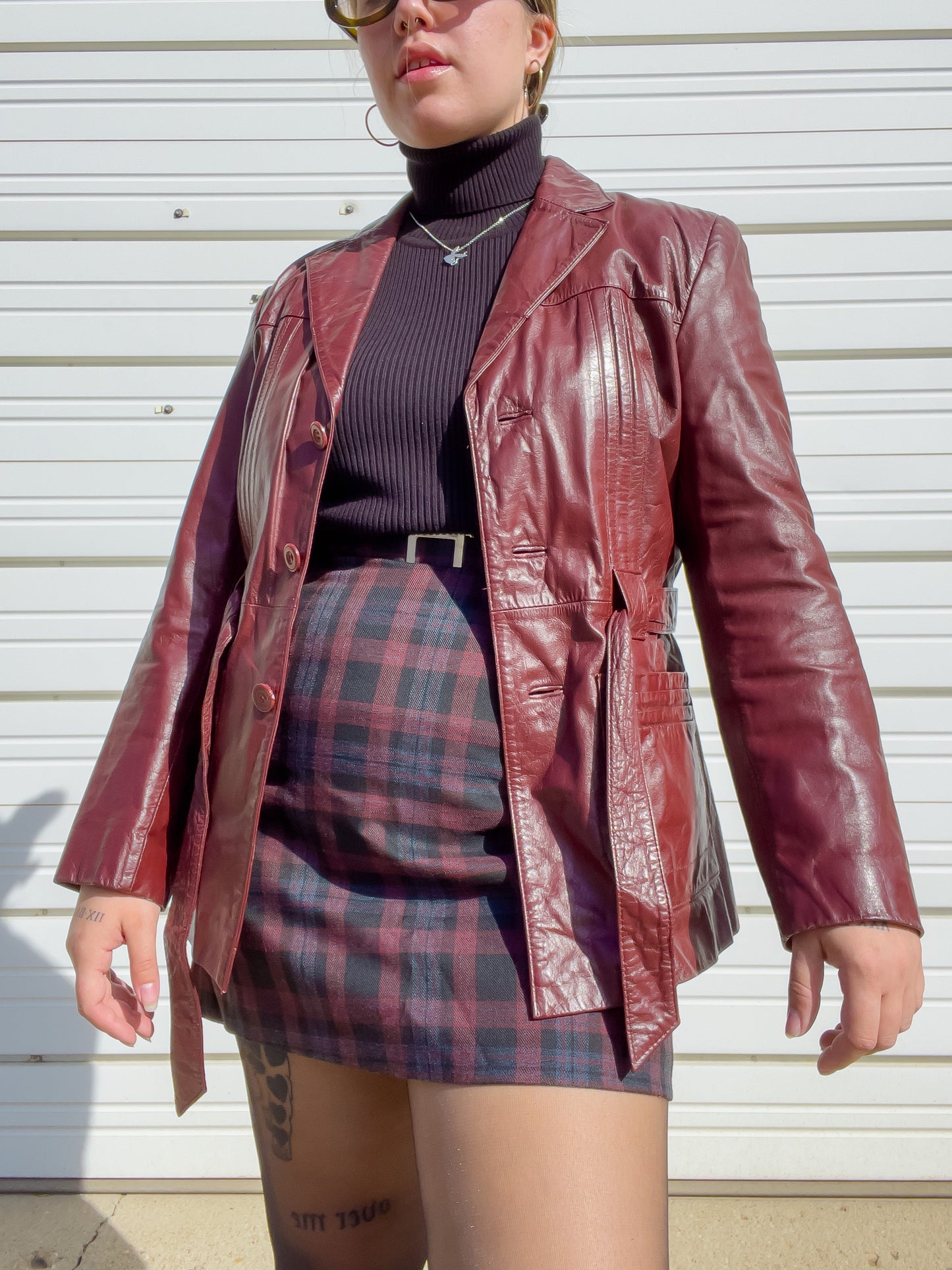 70s Oxblood Genuine Leather Belted Blazer w/ Removable Faux Fur Lining (S/M)