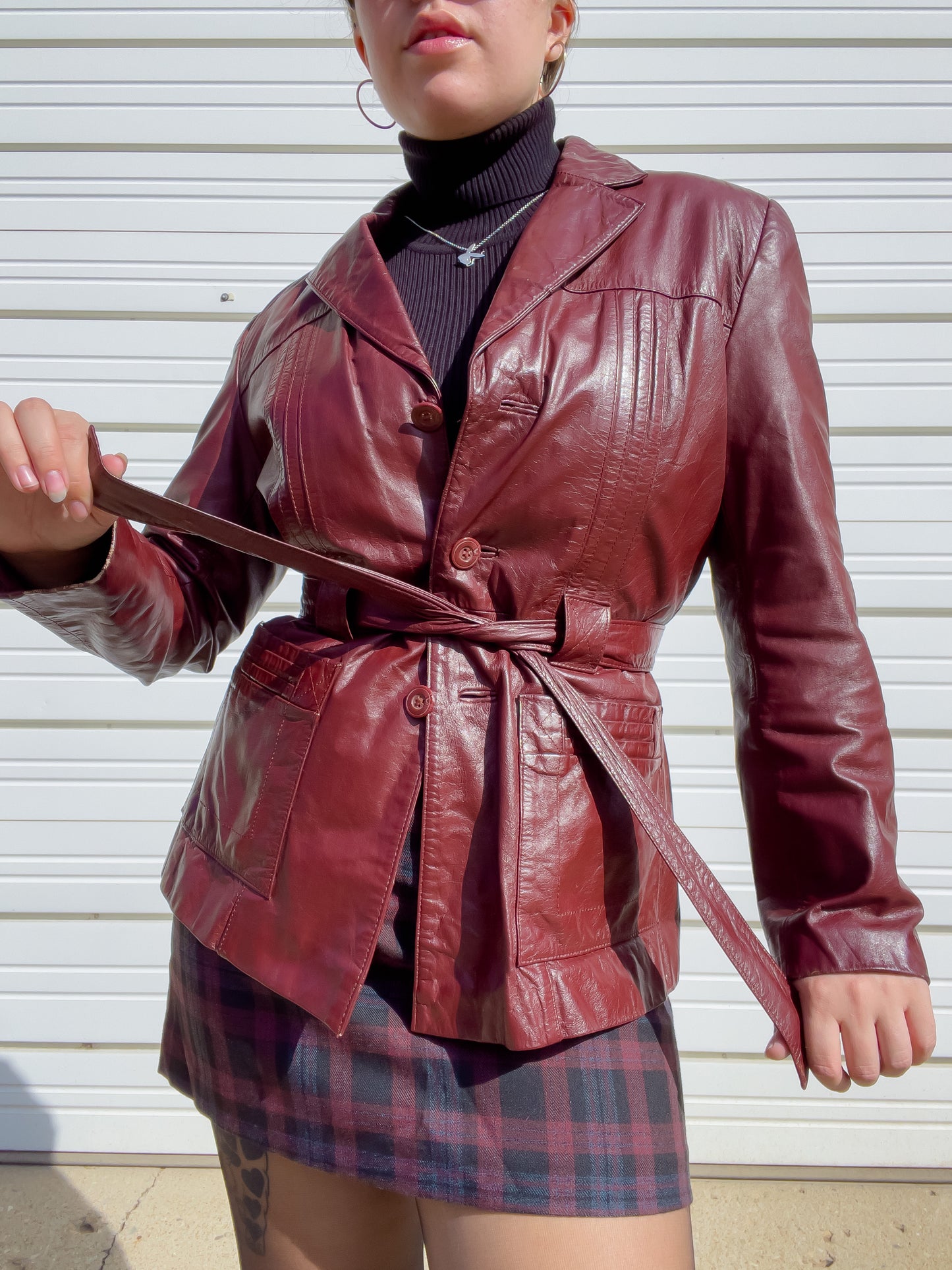 70s Oxblood Genuine Leather Belted Blazer w/ Removable Faux Fur Lining (S/M)
