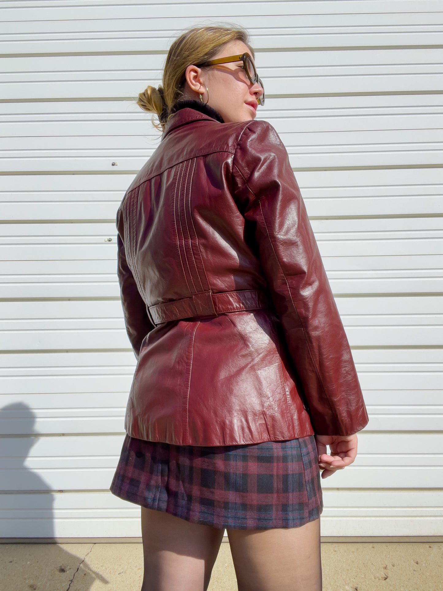 70s Oxblood Genuine Leather Belted Blazer w/ Removable Faux Fur Lining (S/M)