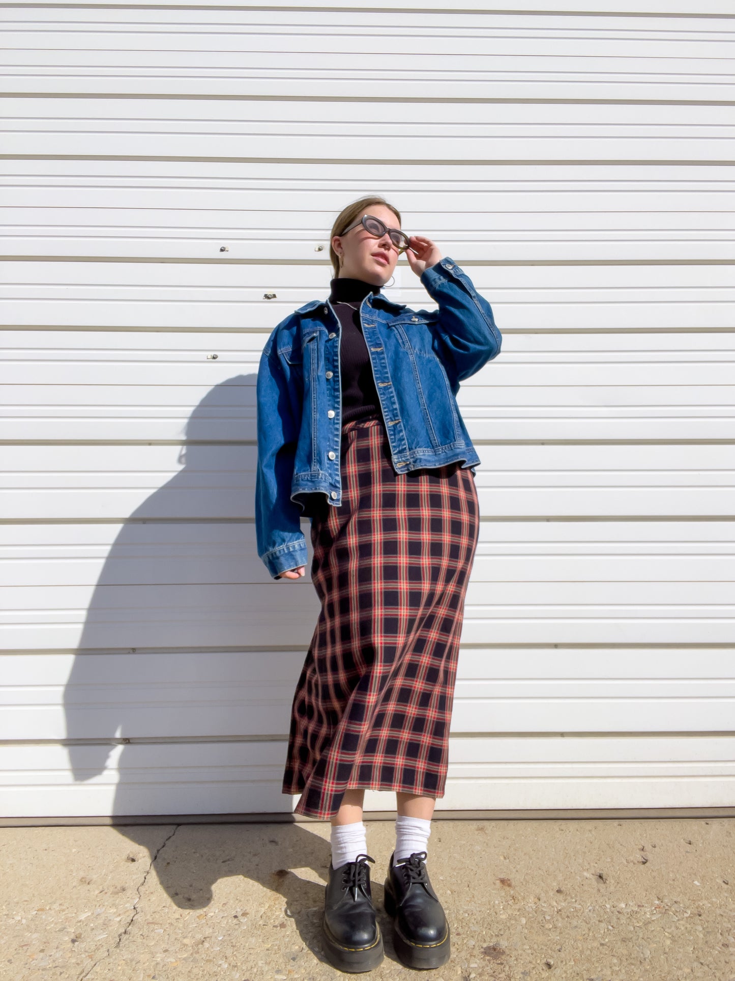 90s Red & Black Plaid Maxi Skirt (L)