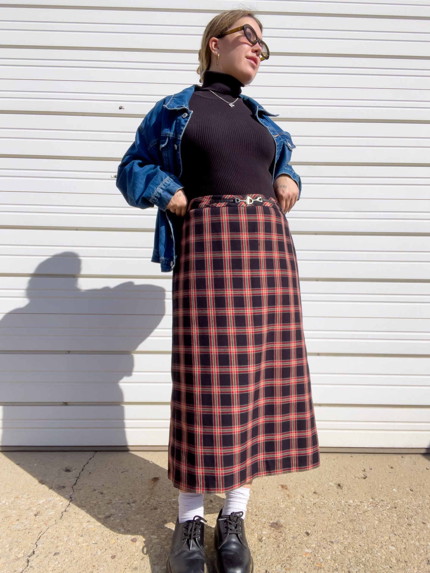 90s Red & Black Plaid Maxi Skirt (L)