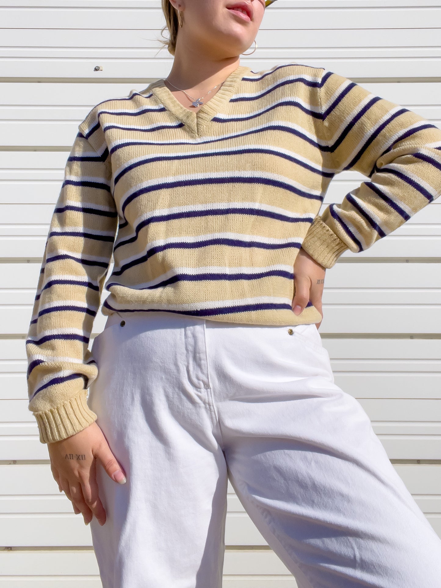 80s Tan, Navy, & White Striped Sweater (M/L)