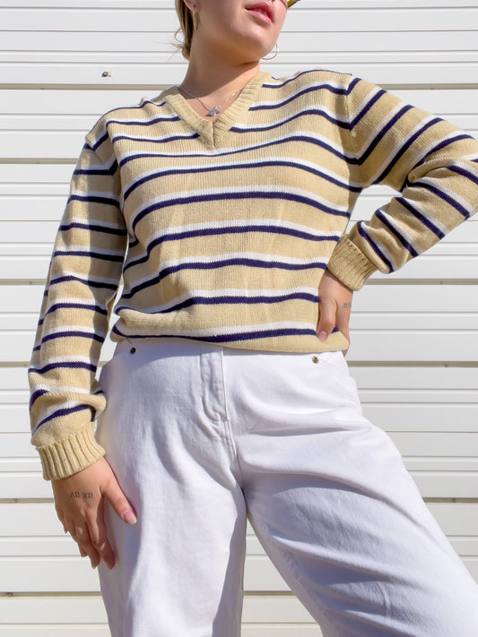 80s Tan, Navy, & White Striped Sweater (M/L)