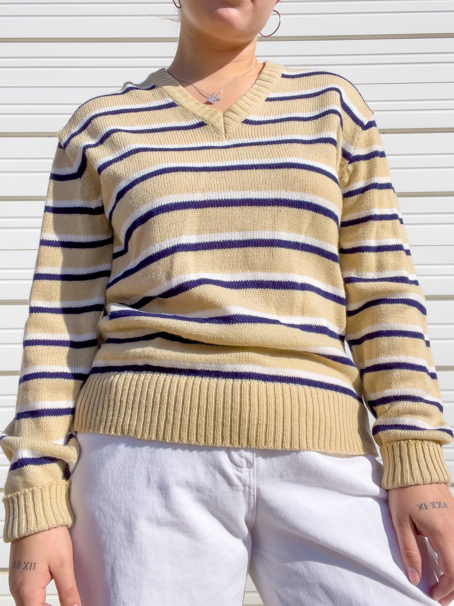 80s Tan, Navy, & White Striped Sweater (M/L)