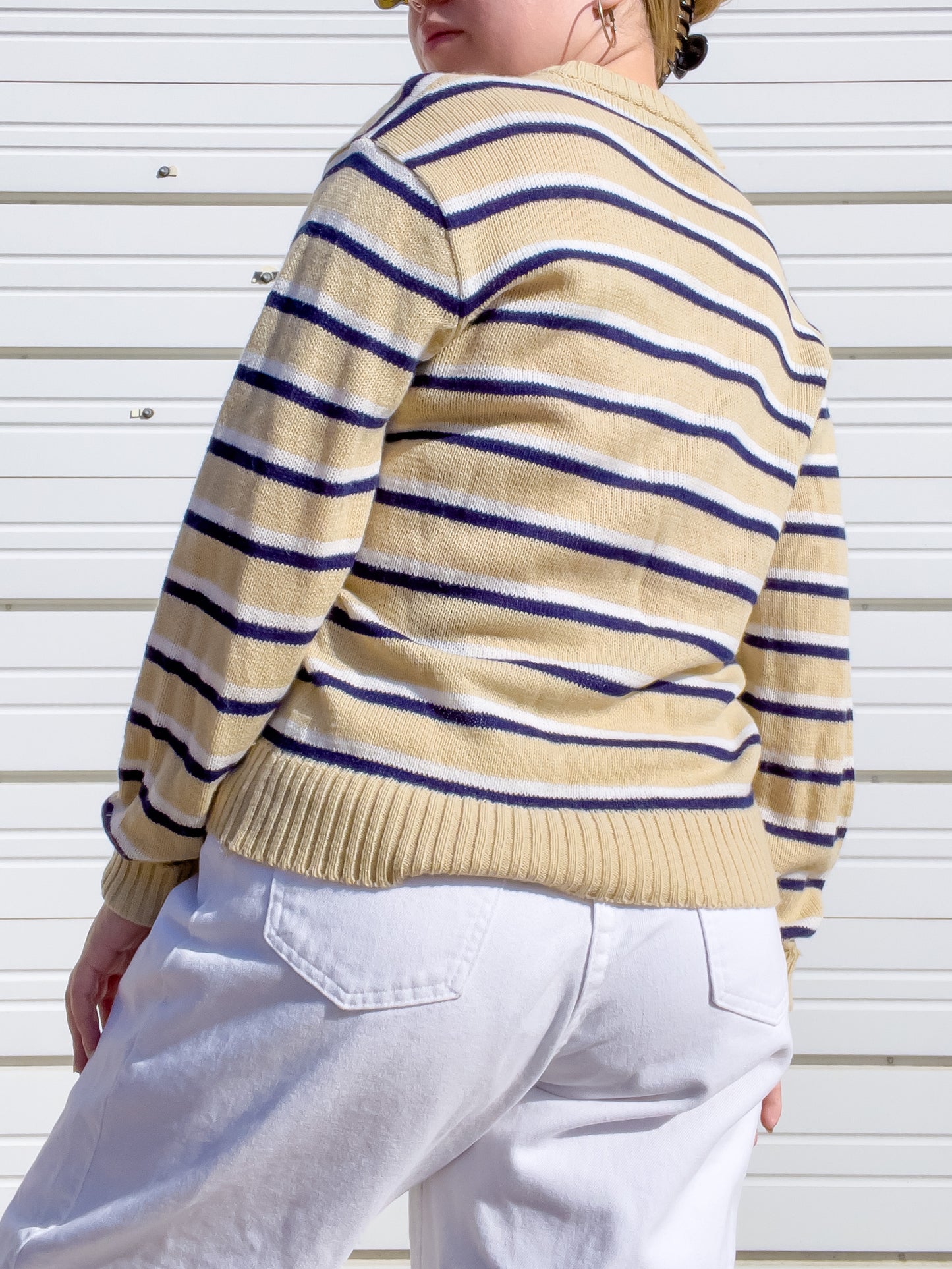 80s Tan, Navy, & White Striped Sweater (M/L)