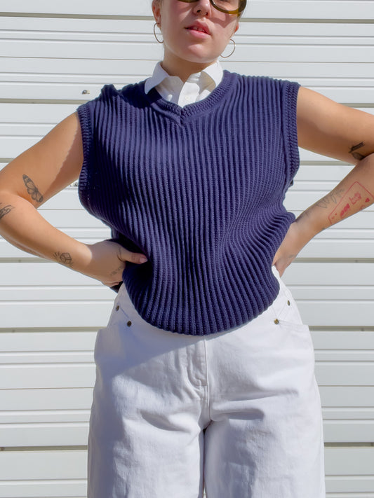 90s Navy Blue Knit Sweater Vest (L/XL)