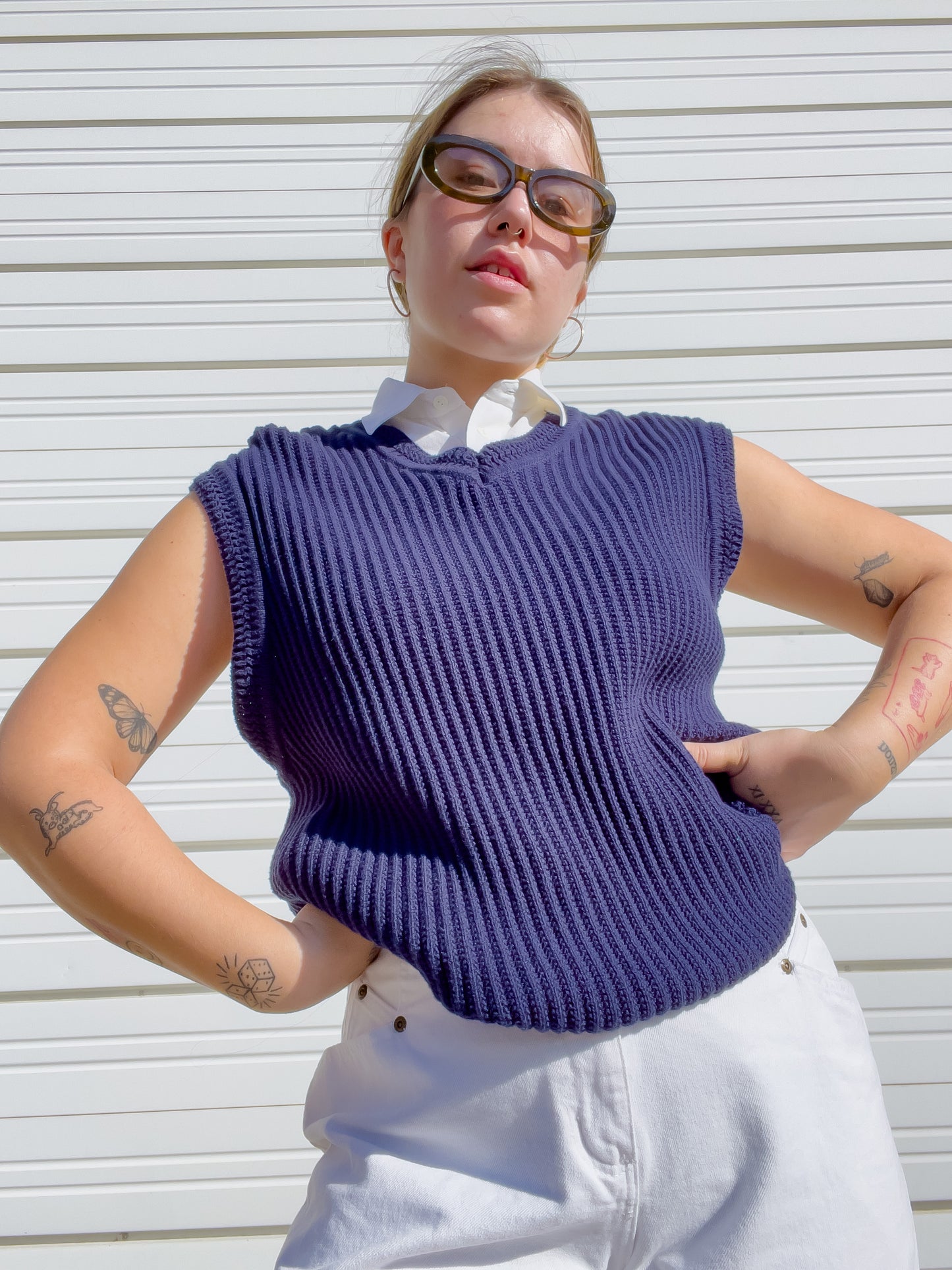 90s Navy Blue Knit Sweater Vest (L/XL)