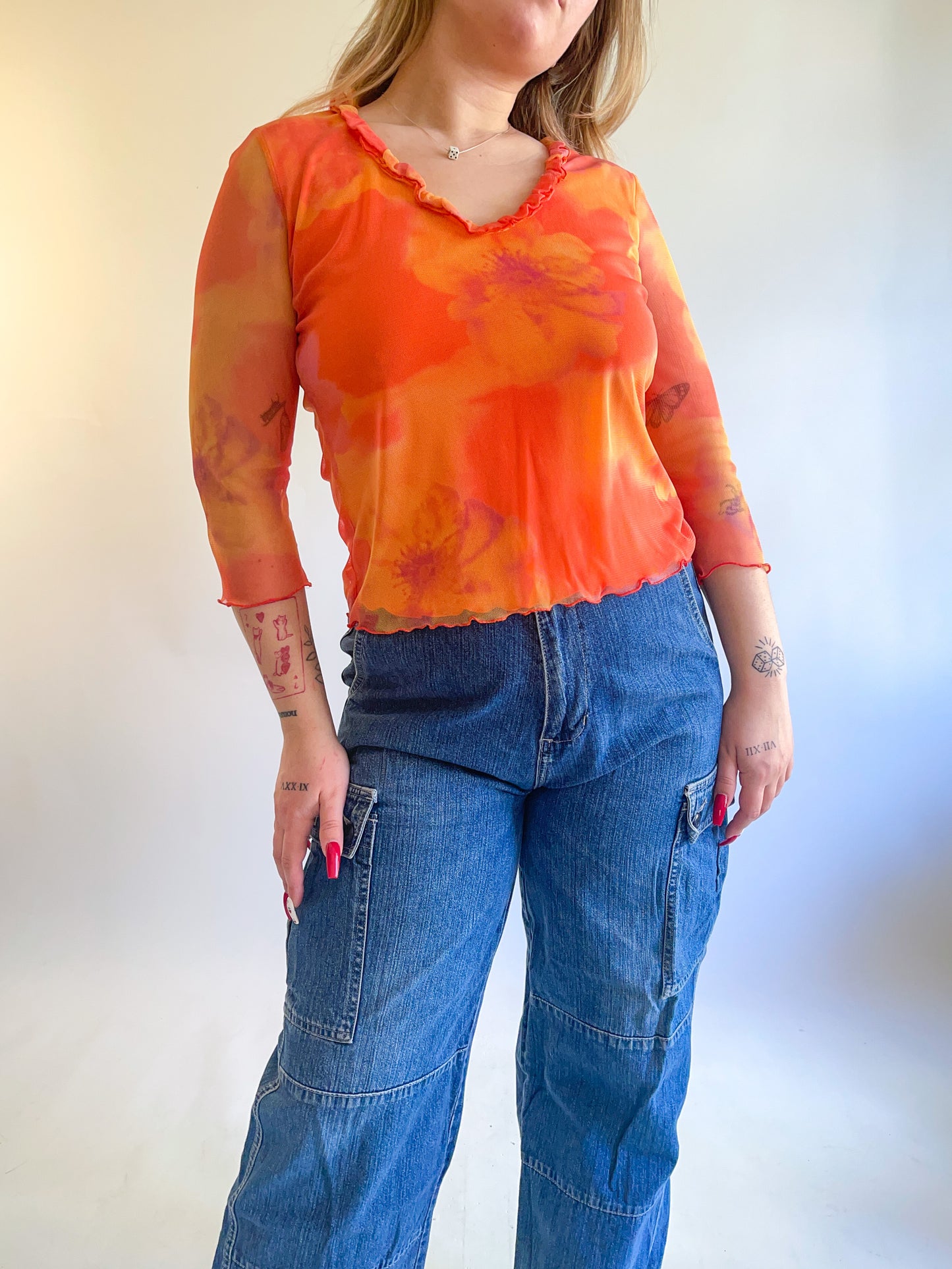 90s Y2K Orange Daisy Mesh Long Sleeve Top (M)