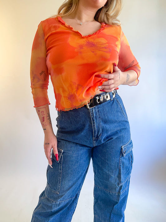 90s Y2K Orange Daisy Mesh Long Sleeve Top (M)