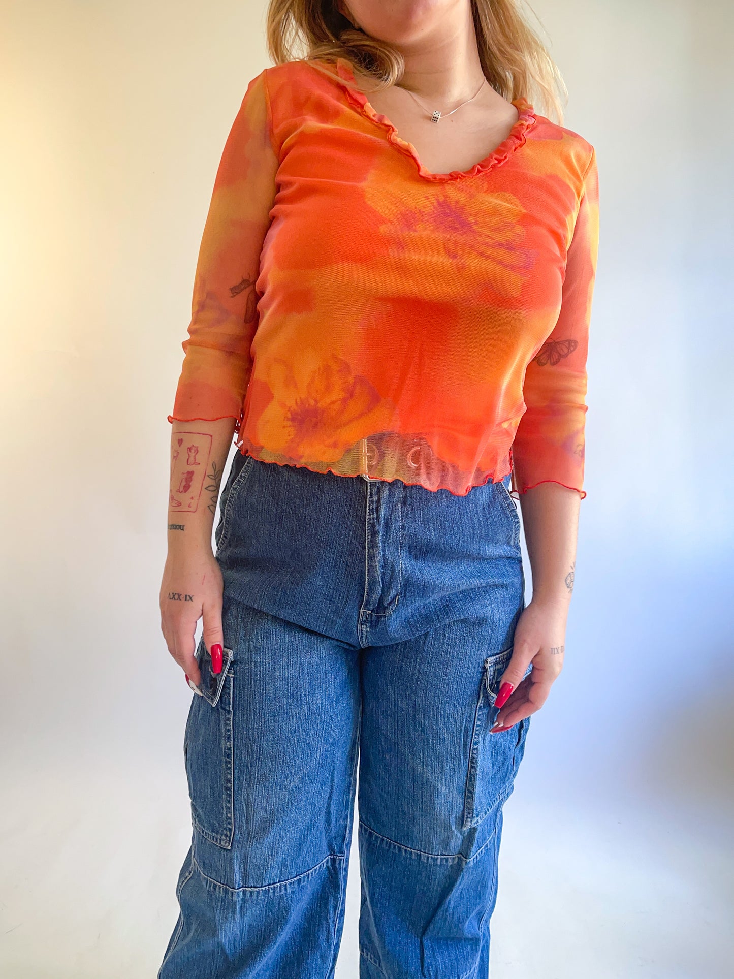 90s Y2K Orange Daisy Mesh Long Sleeve Top (M)