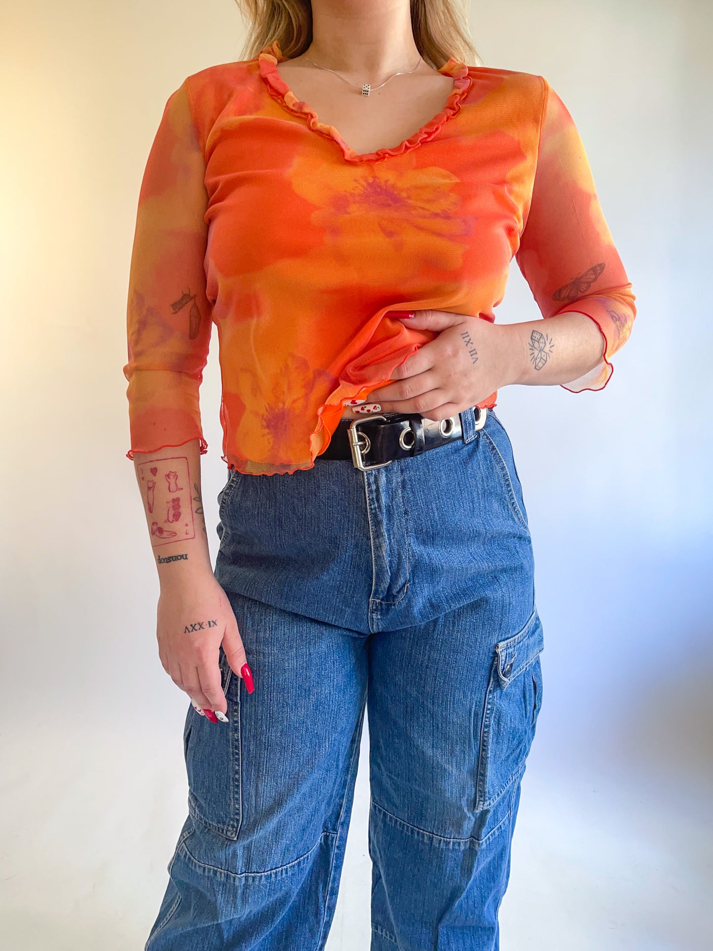 90s Y2K Orange Daisy Mesh Long Sleeve Top (M)