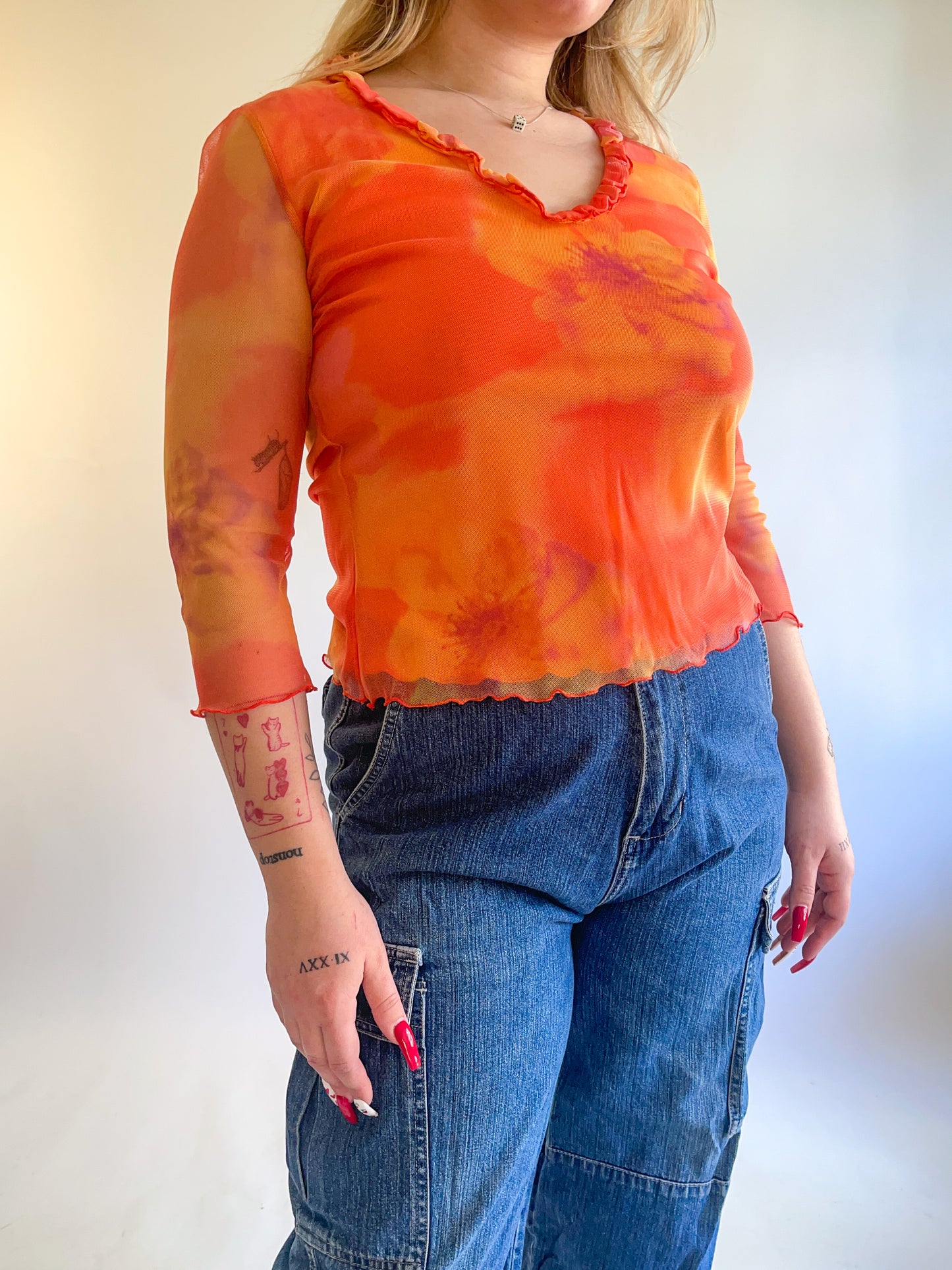 90s Y2K Orange Daisy Mesh Long Sleeve Top (M)
