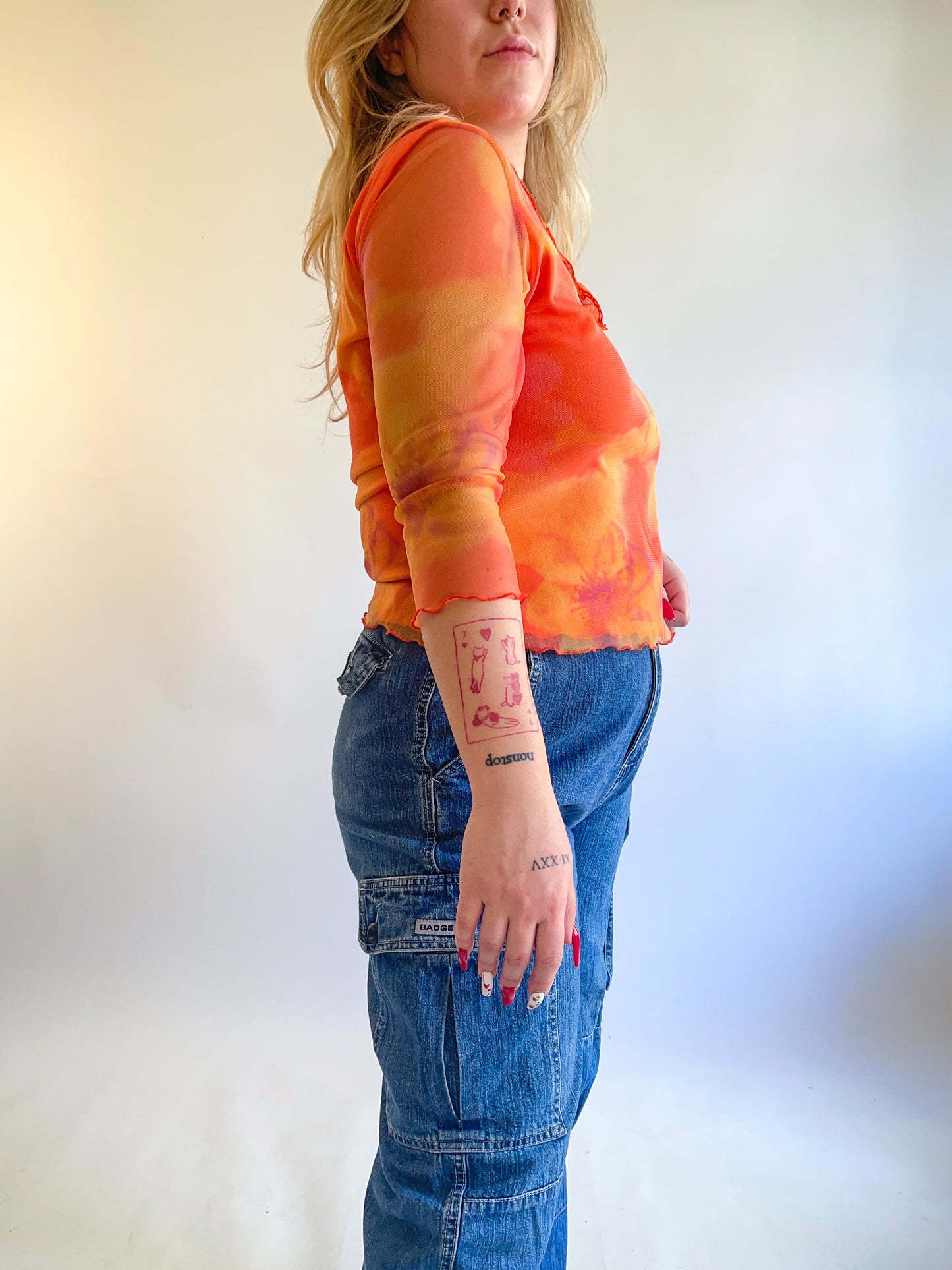 90s Y2K Orange Daisy Mesh Long Sleeve Top (M)