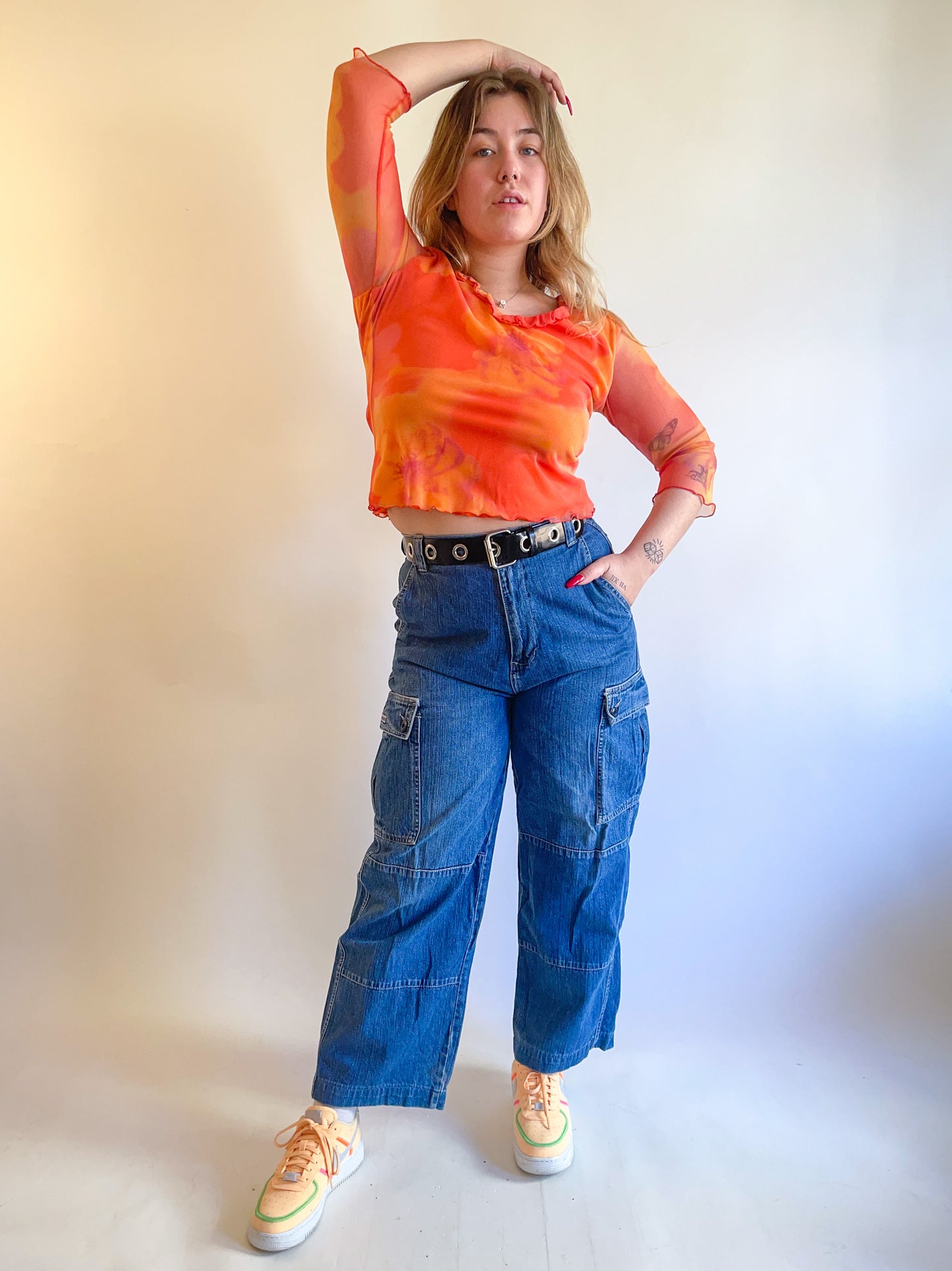 90s Y2K Orange Daisy Mesh Long Sleeve Top (M)