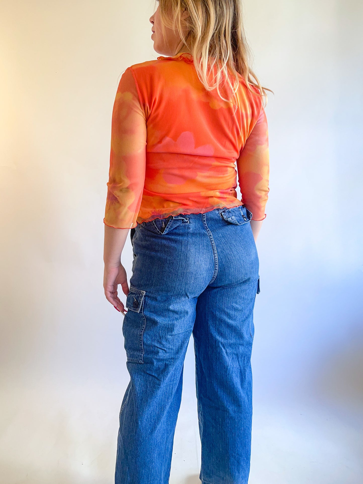 90s Y2K Orange Daisy Mesh Long Sleeve Top (M)