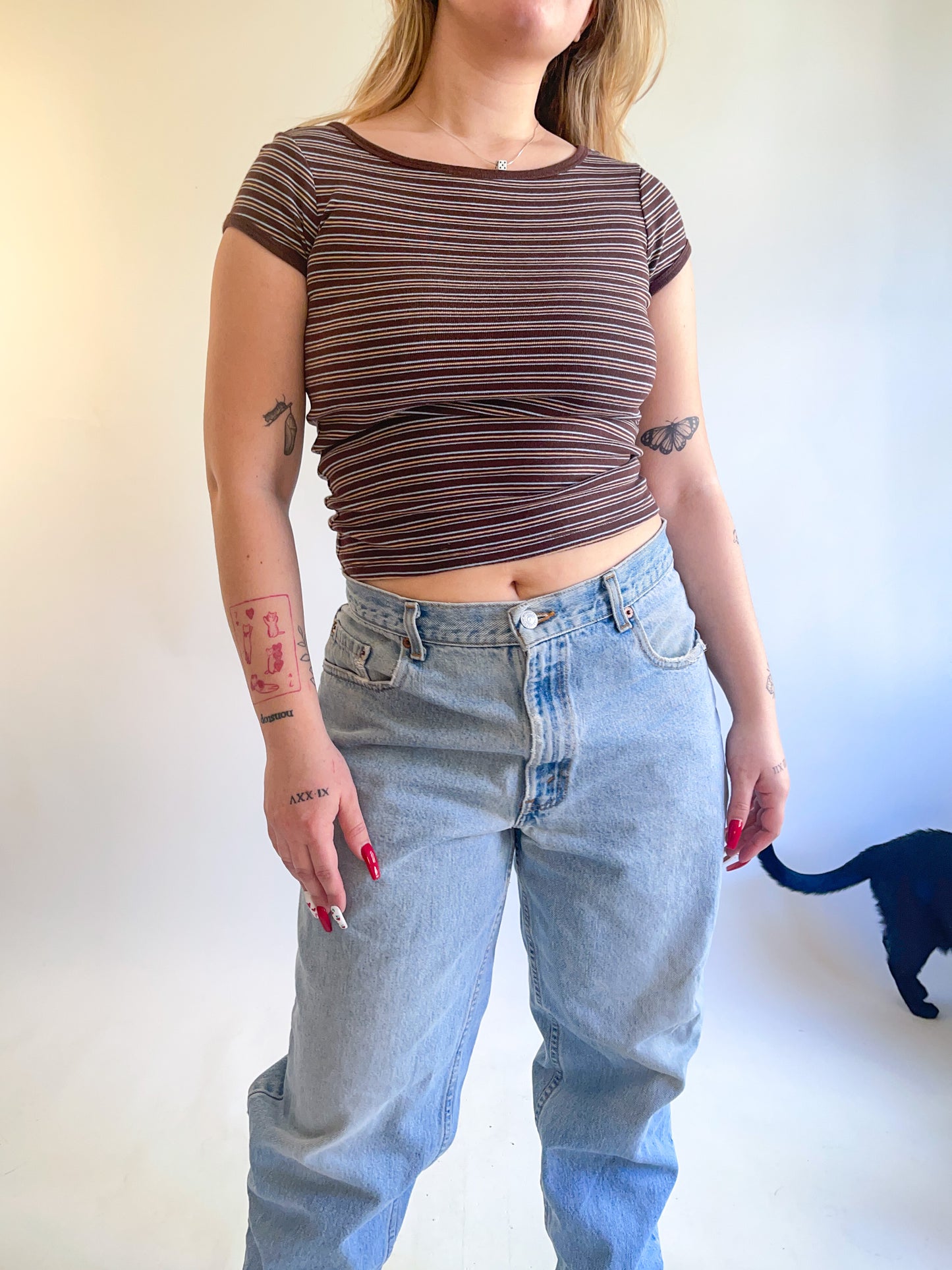 90s Y2K Brown Striped Baby Tee (S)