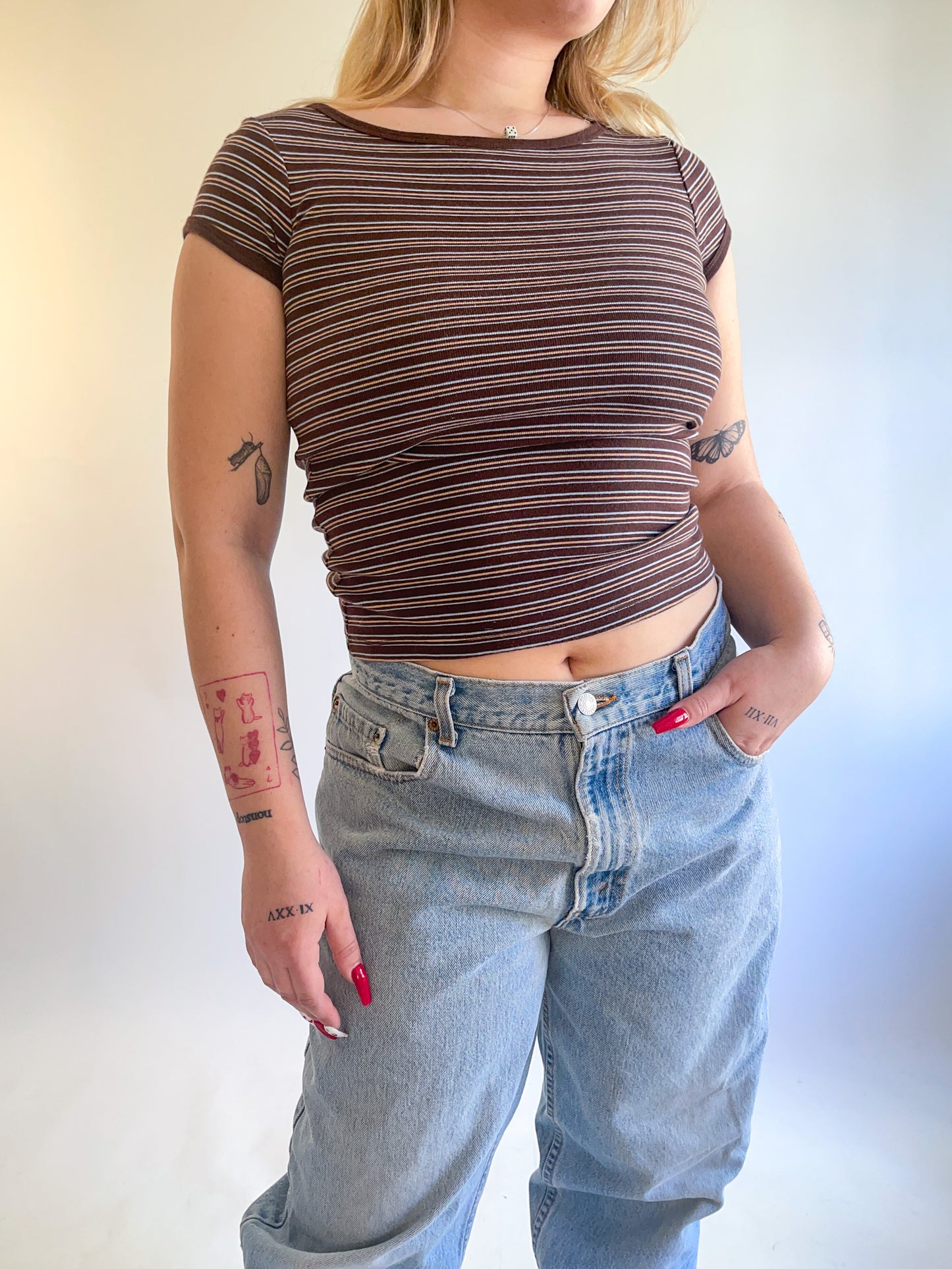 90s Y2K Brown Striped Baby Tee (S)