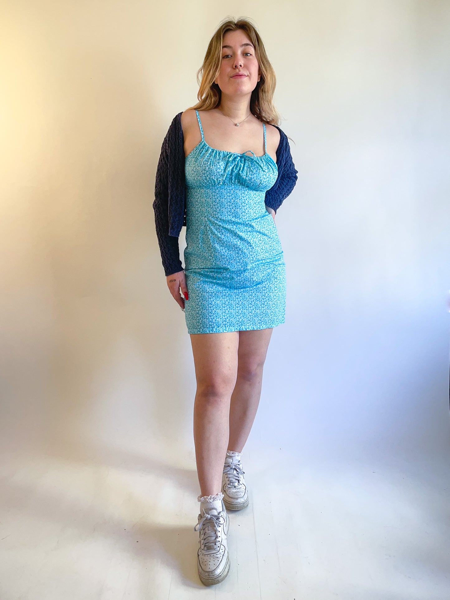 90s Y2K Deadstock Blue Floral Ruched Mini Dress (M)