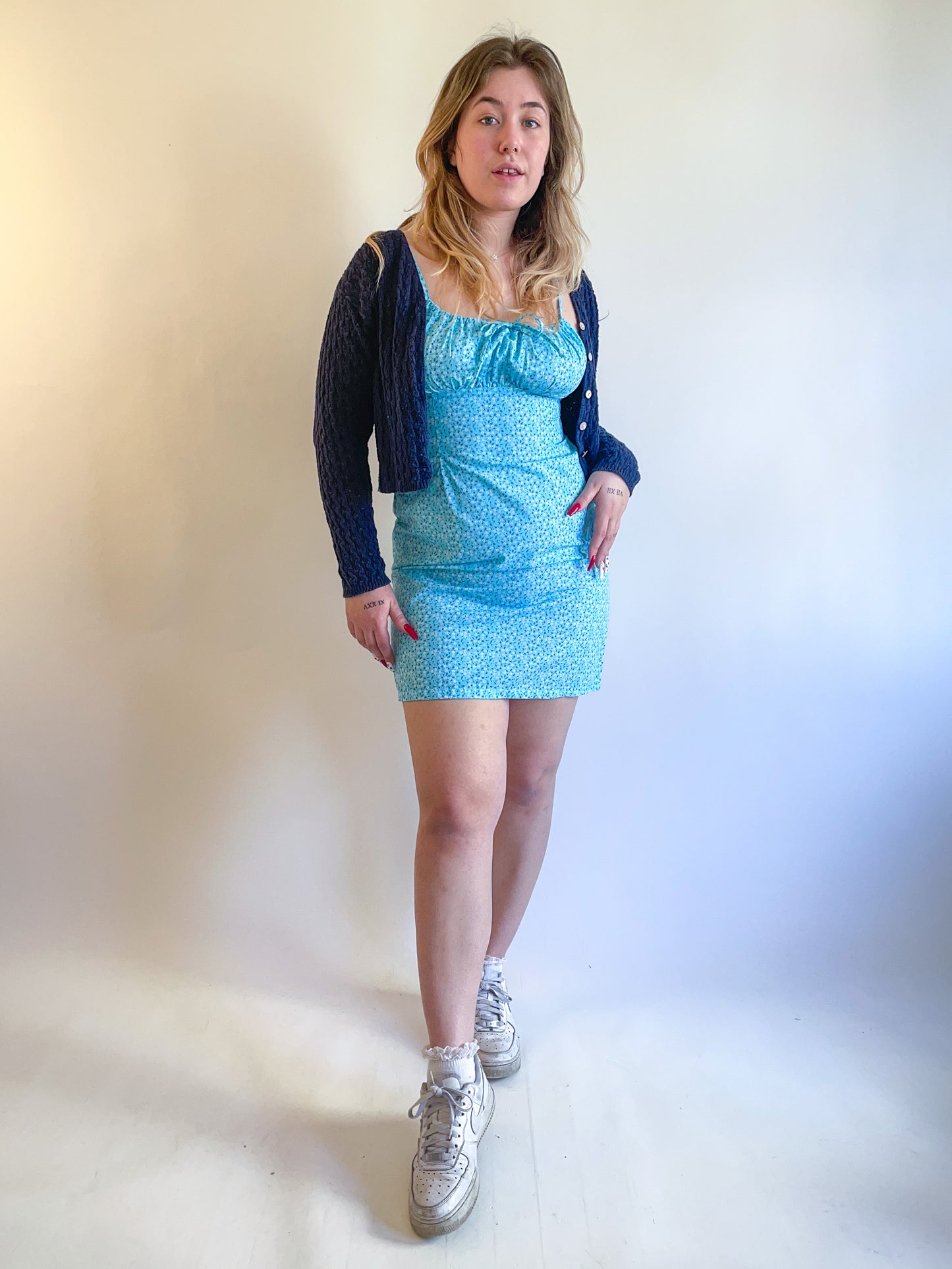 90s Y2K Deadstock Blue Floral Ruched Mini Dress (M)