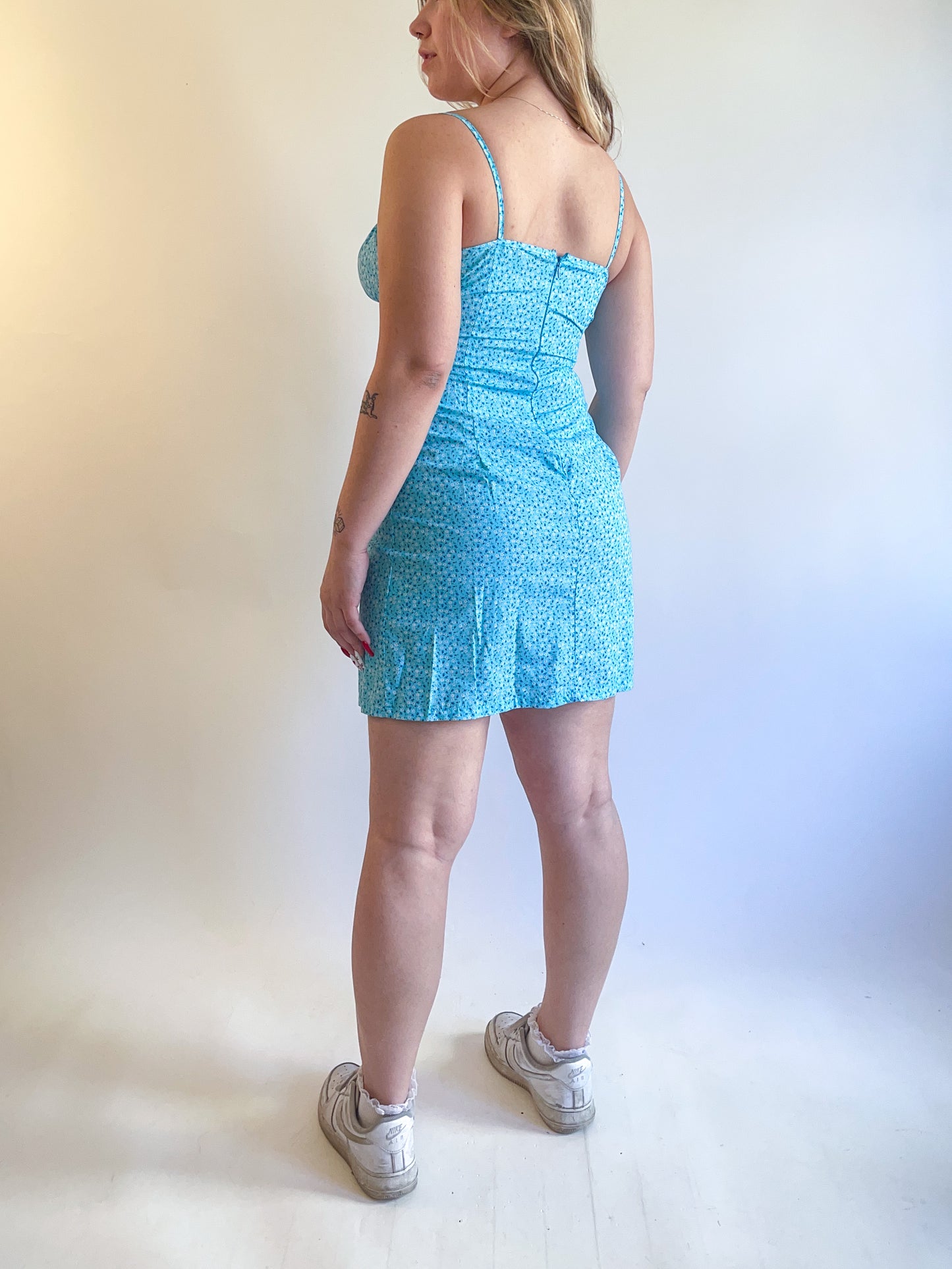 90s Y2K Deadstock Blue Floral Ruched Mini Dress (M)