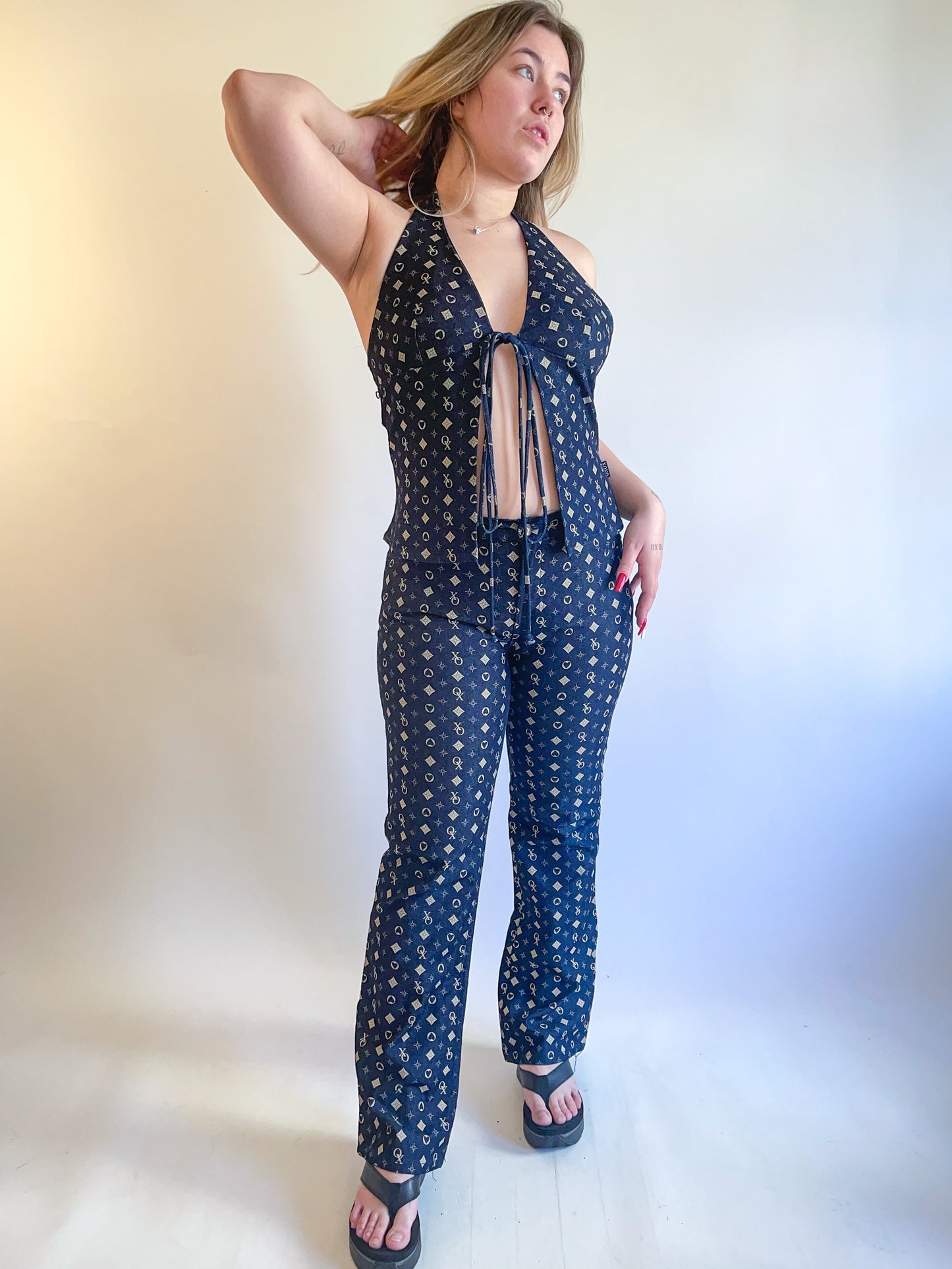 90s Y2K Denim Two Piece Halter & Pants Set (M/L)