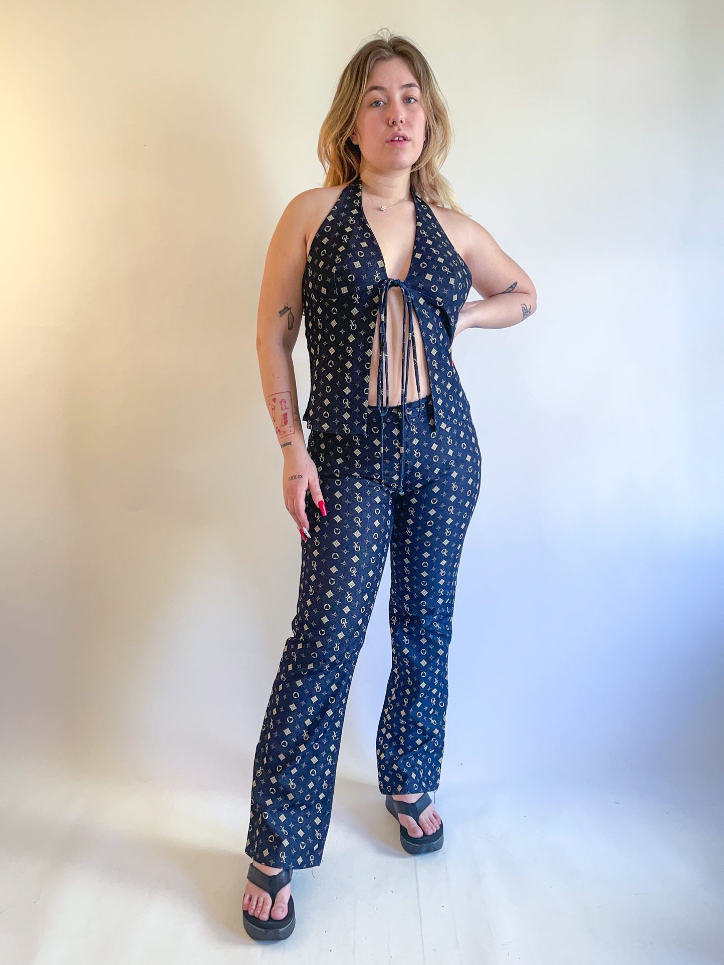 90s Y2K Denim Two Piece Halter & Pants Set (M/L)