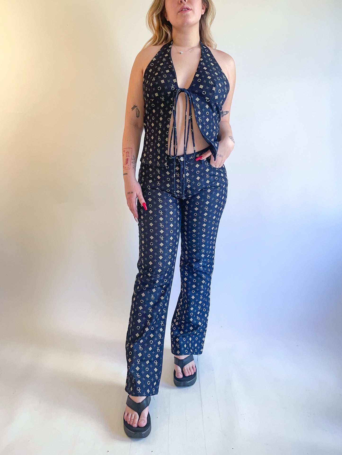 90s Y2K Denim Two Piece Halter & Pants Set (M/L)