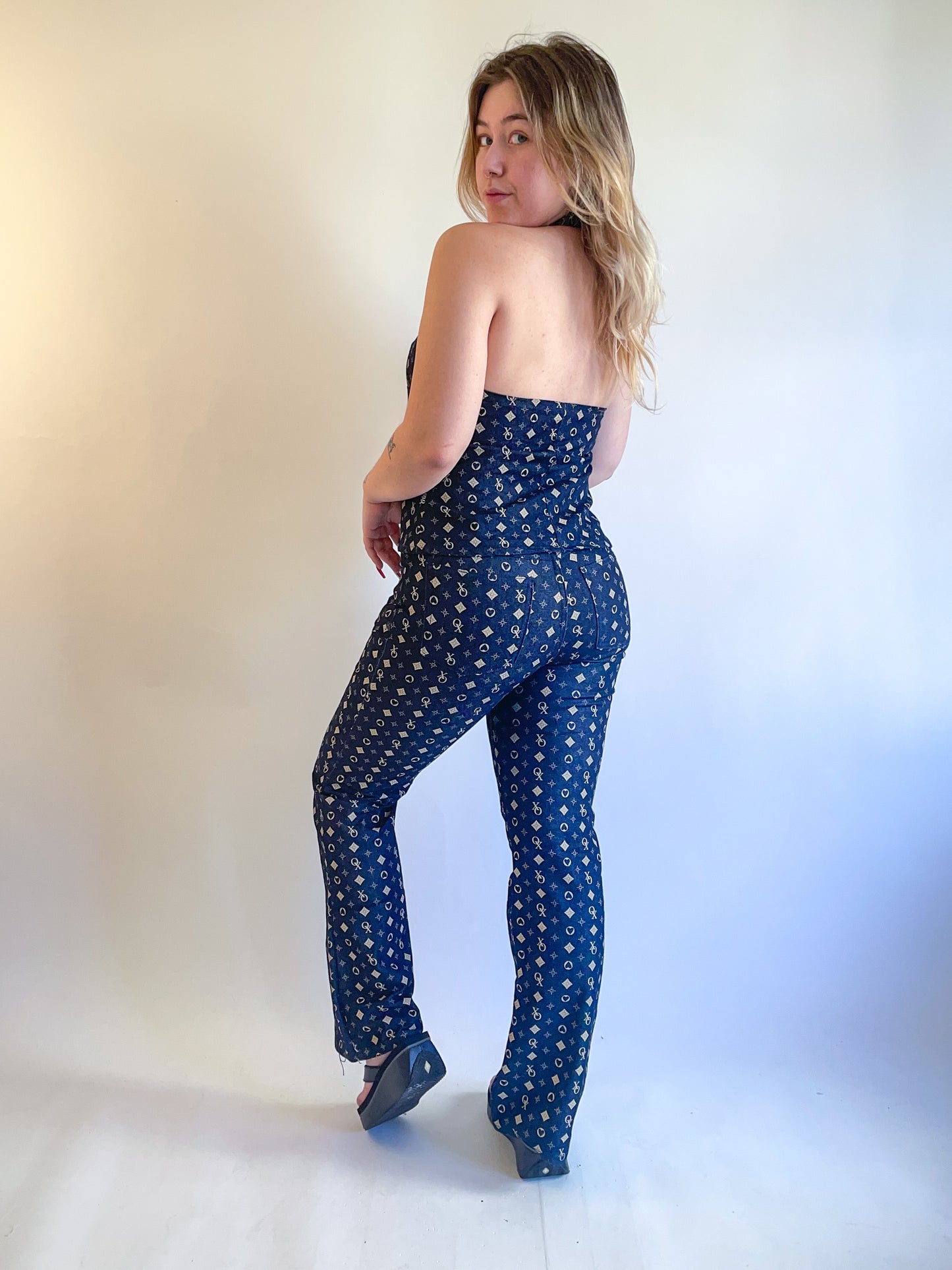 90s Y2K Denim Two Piece Halter & Pants Set (M/L)