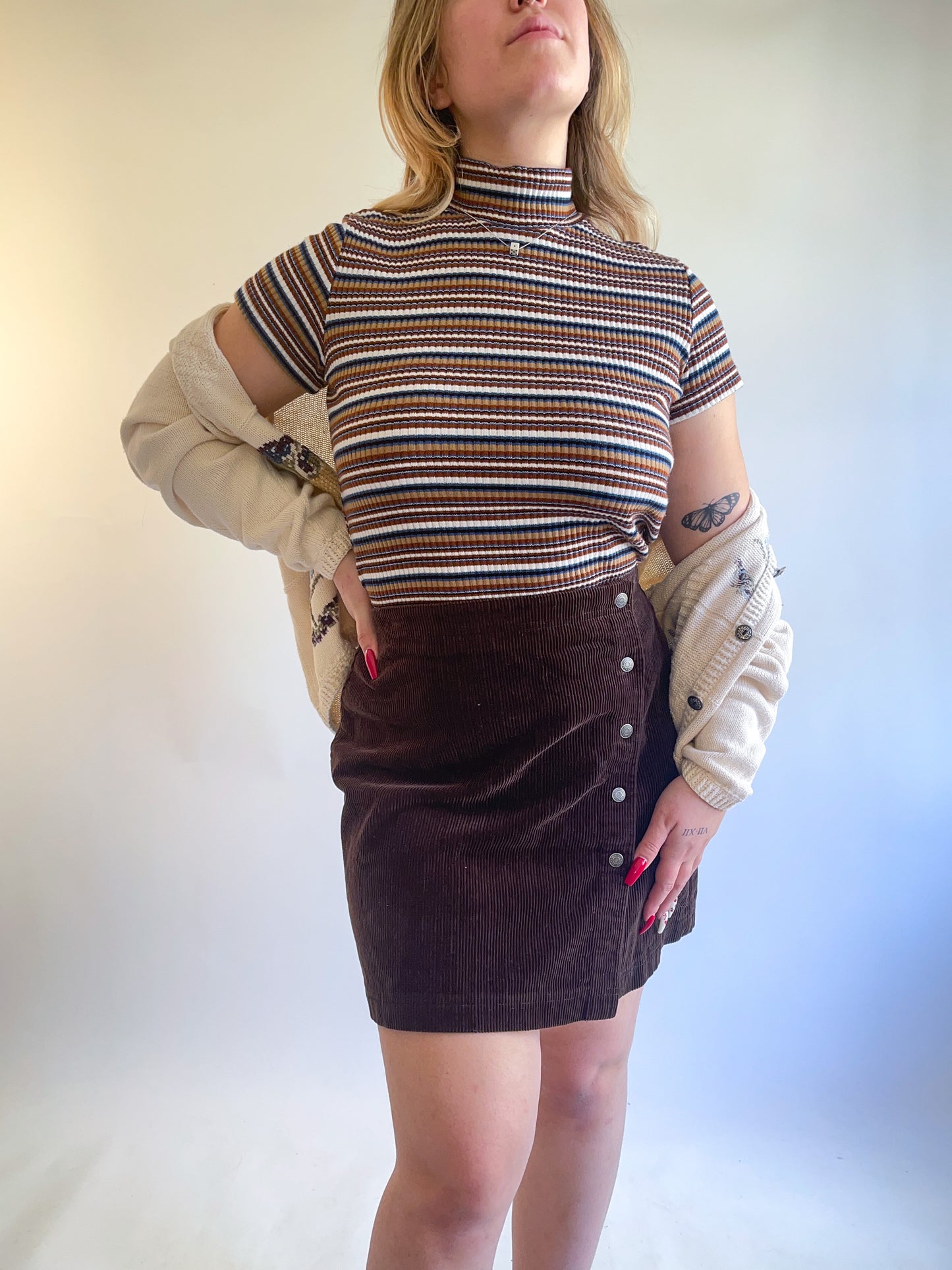 90s Striped Short Sleeve Turtleneck Top (M)