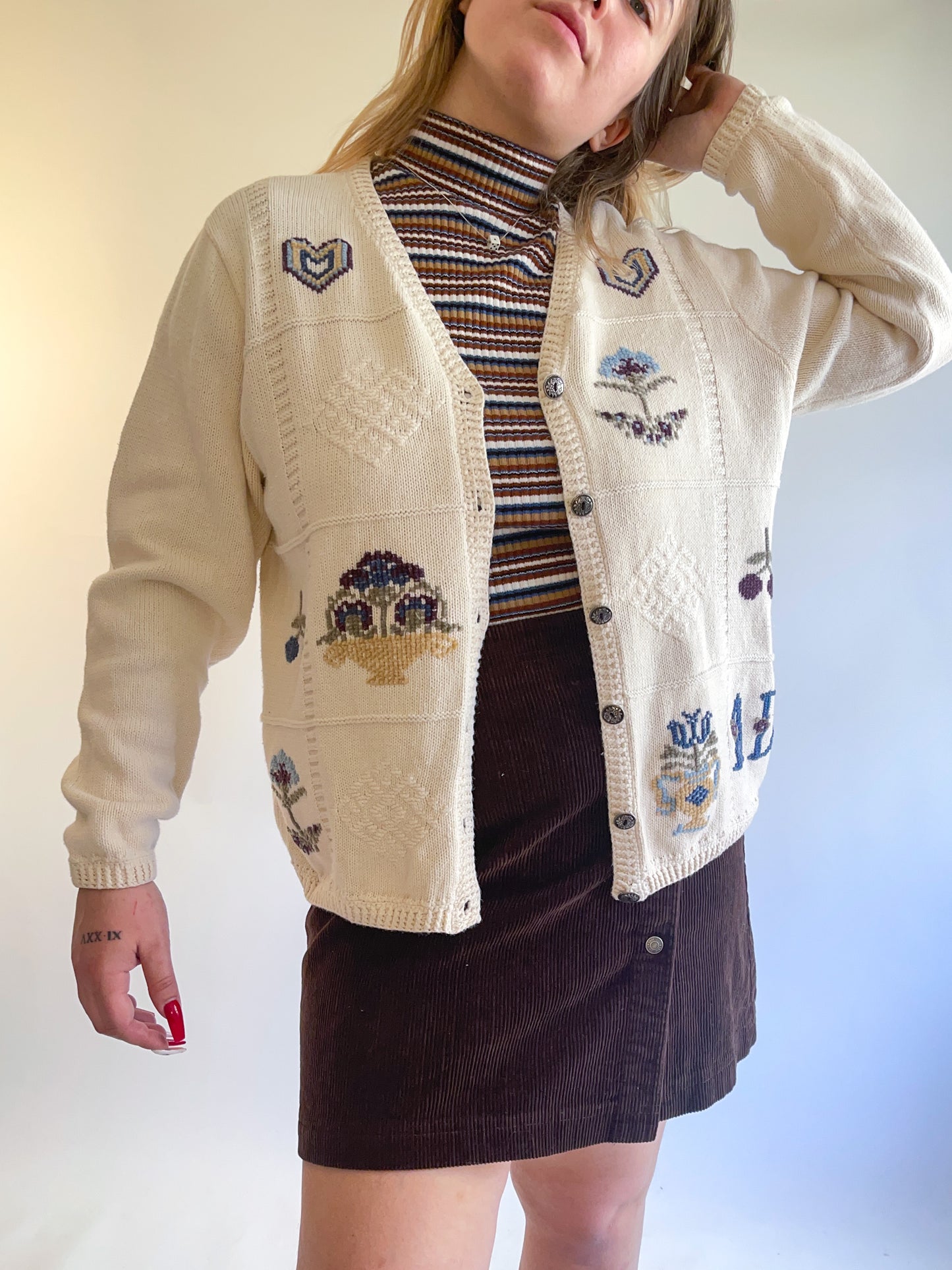 90s Fruit & Floral Patterned Cardigan (L)