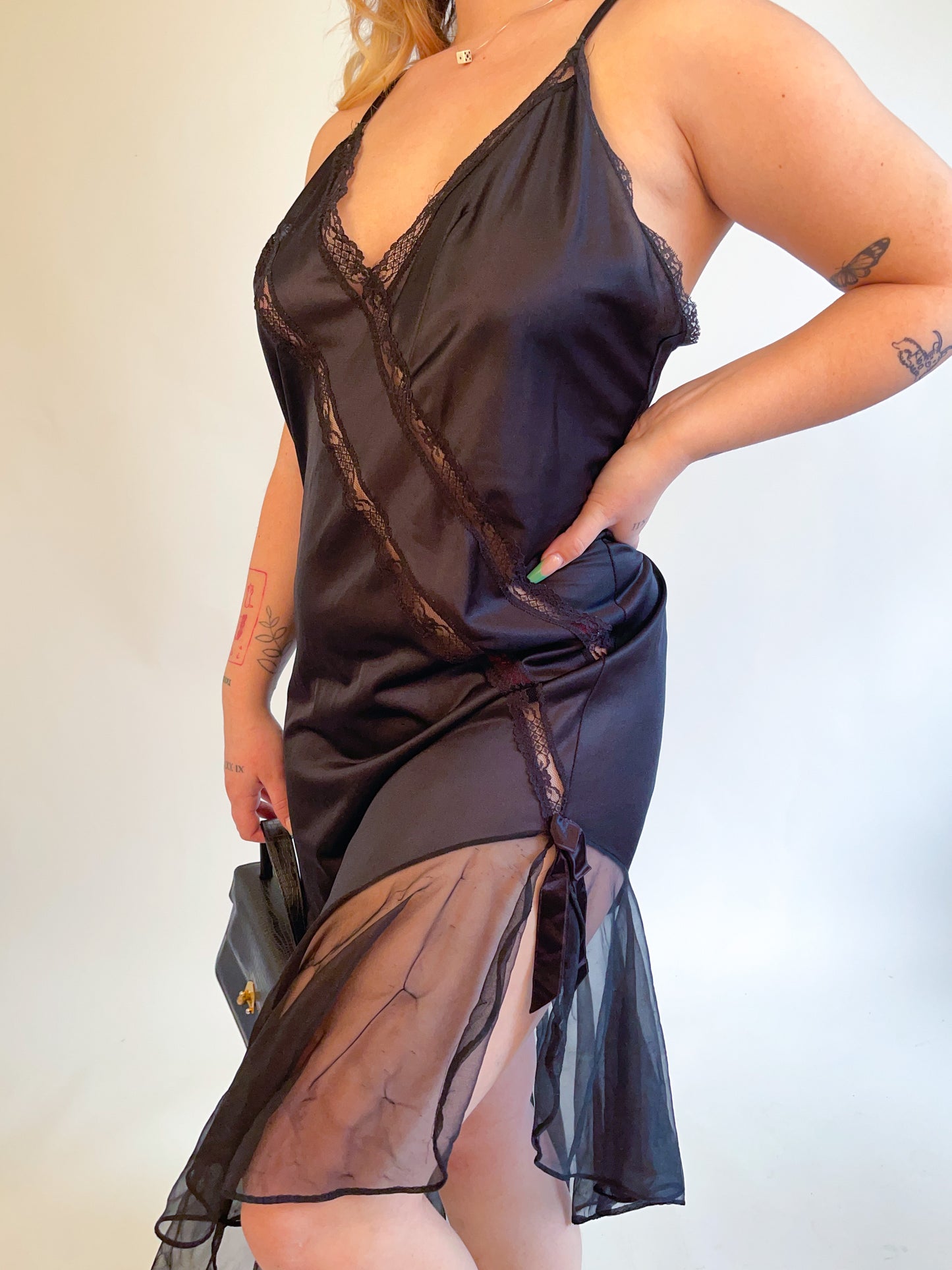 XL 70s Black Asymmetrical Hem Slip Dress