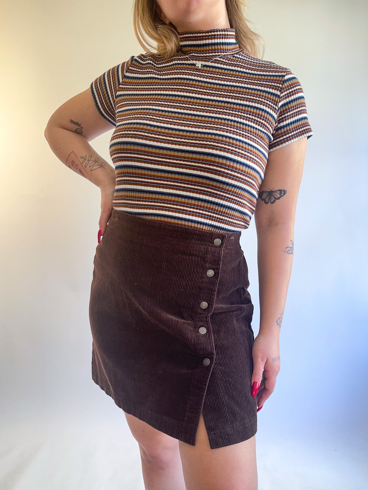90s Striped Short Sleeve Turtleneck Top (M)