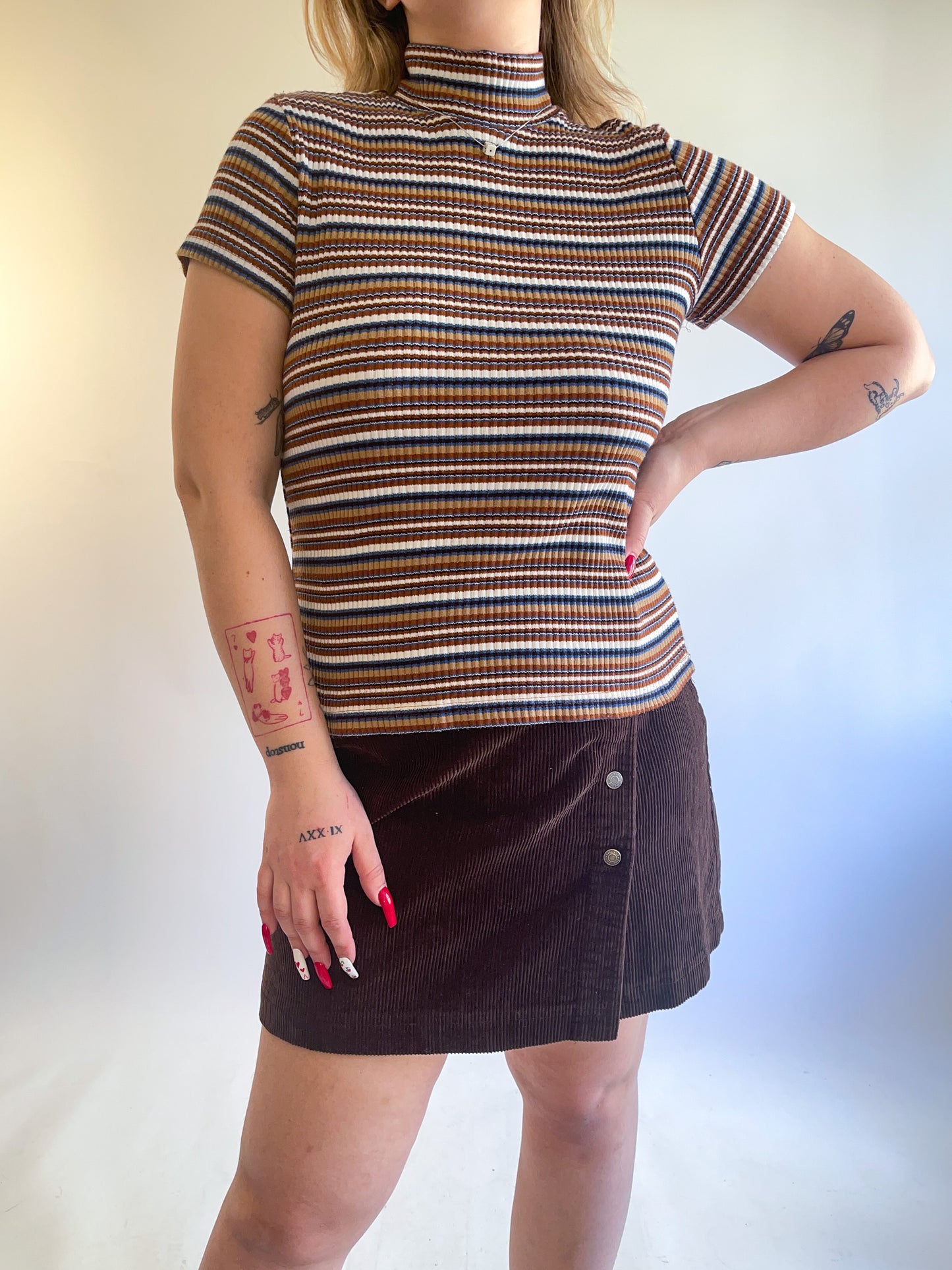 90s Striped Short Sleeve Turtleneck Top (M)