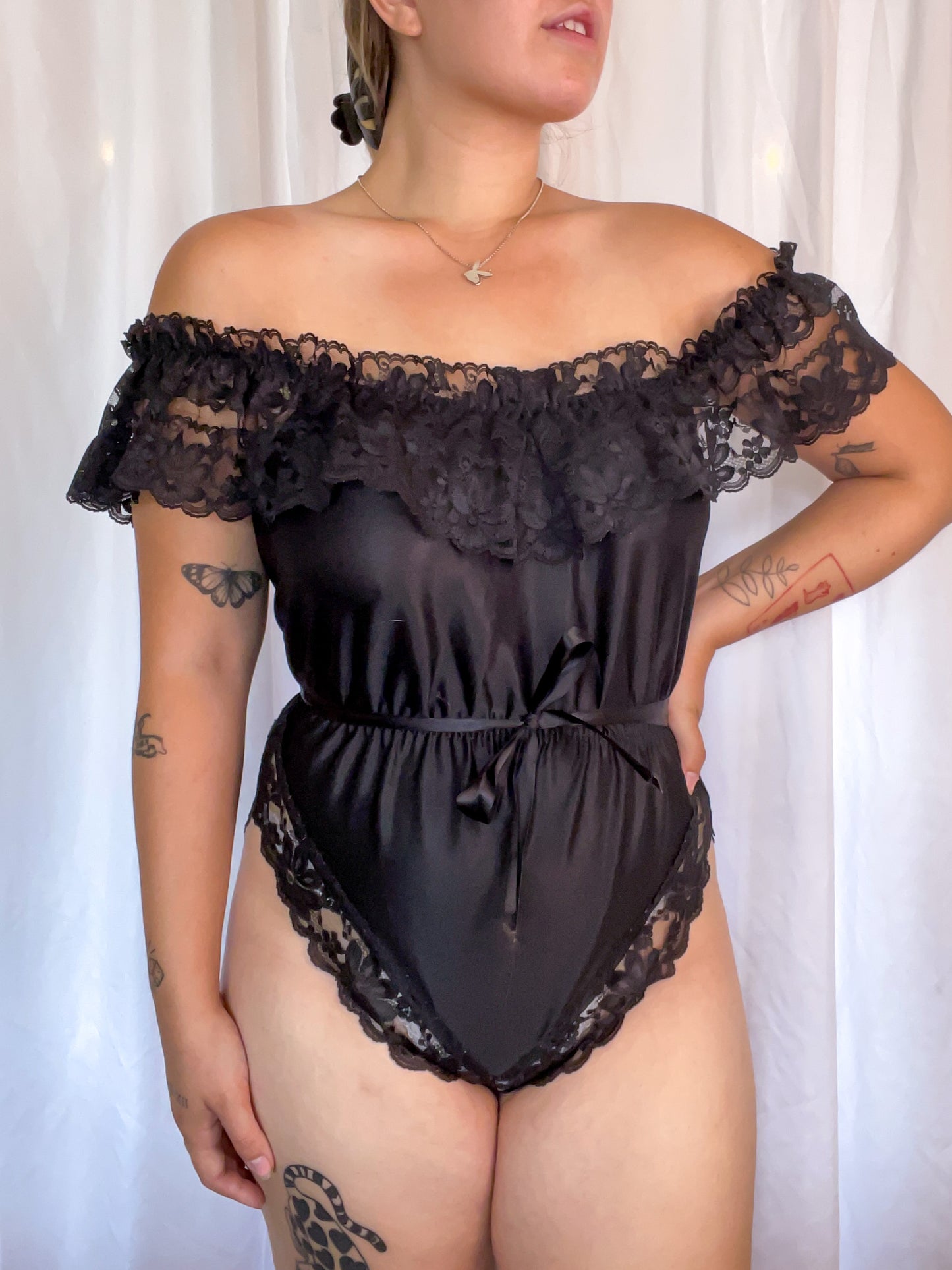 70s Black Lace Teddy Bodysuit (M)