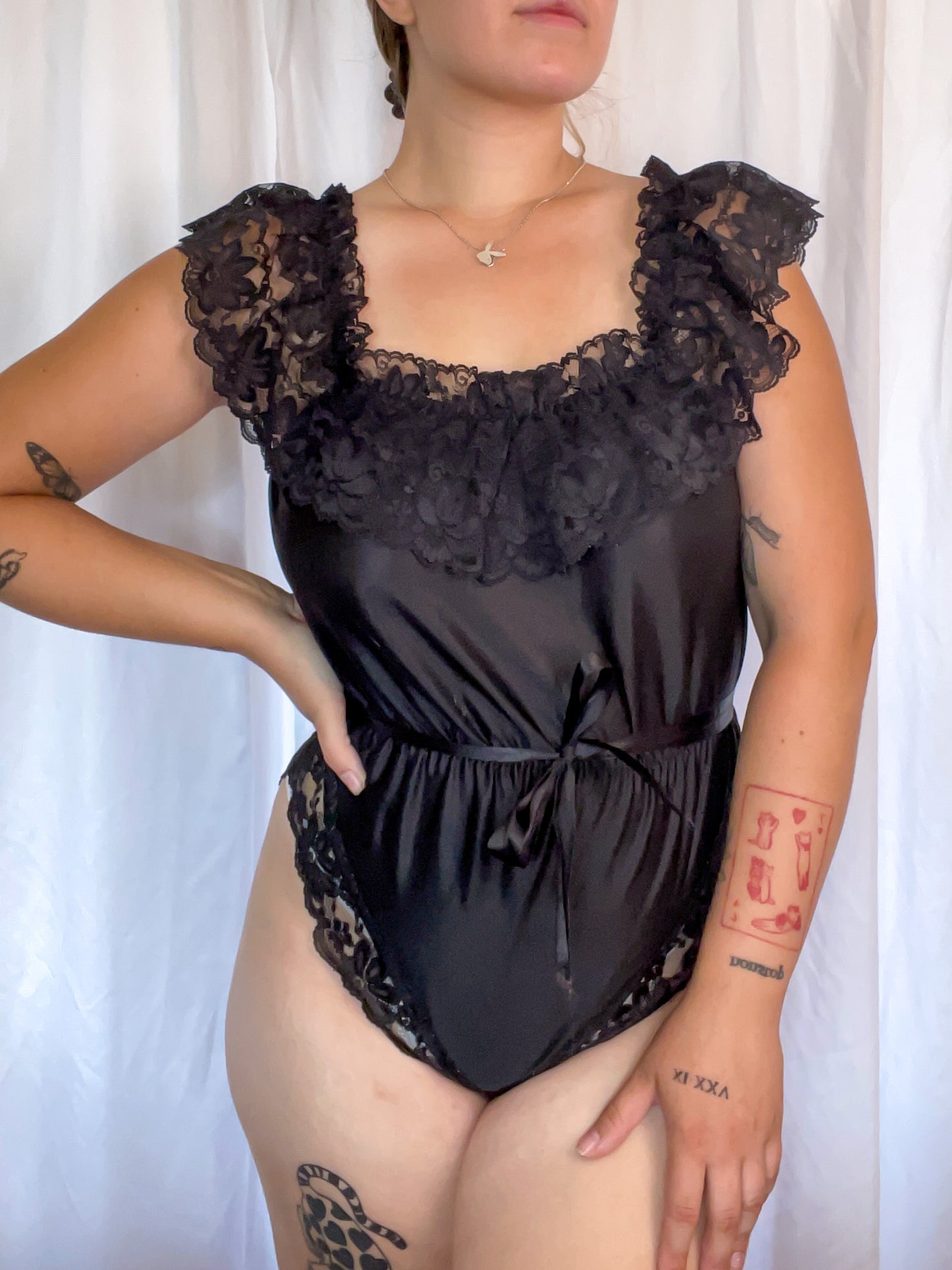 70s Black Lace Teddy Bodysuit (M)