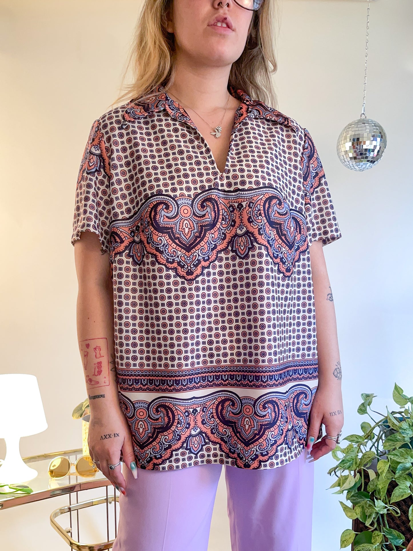 70s Ornate Printed Polo Top (XXL)
