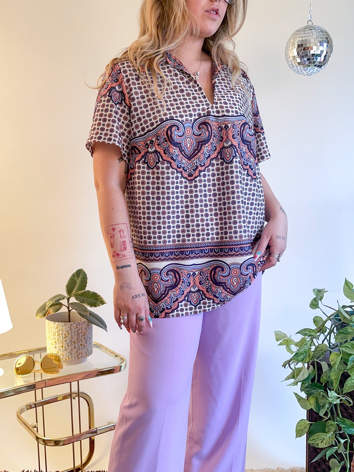 70s Ornate Printed Polo Top (XXL)