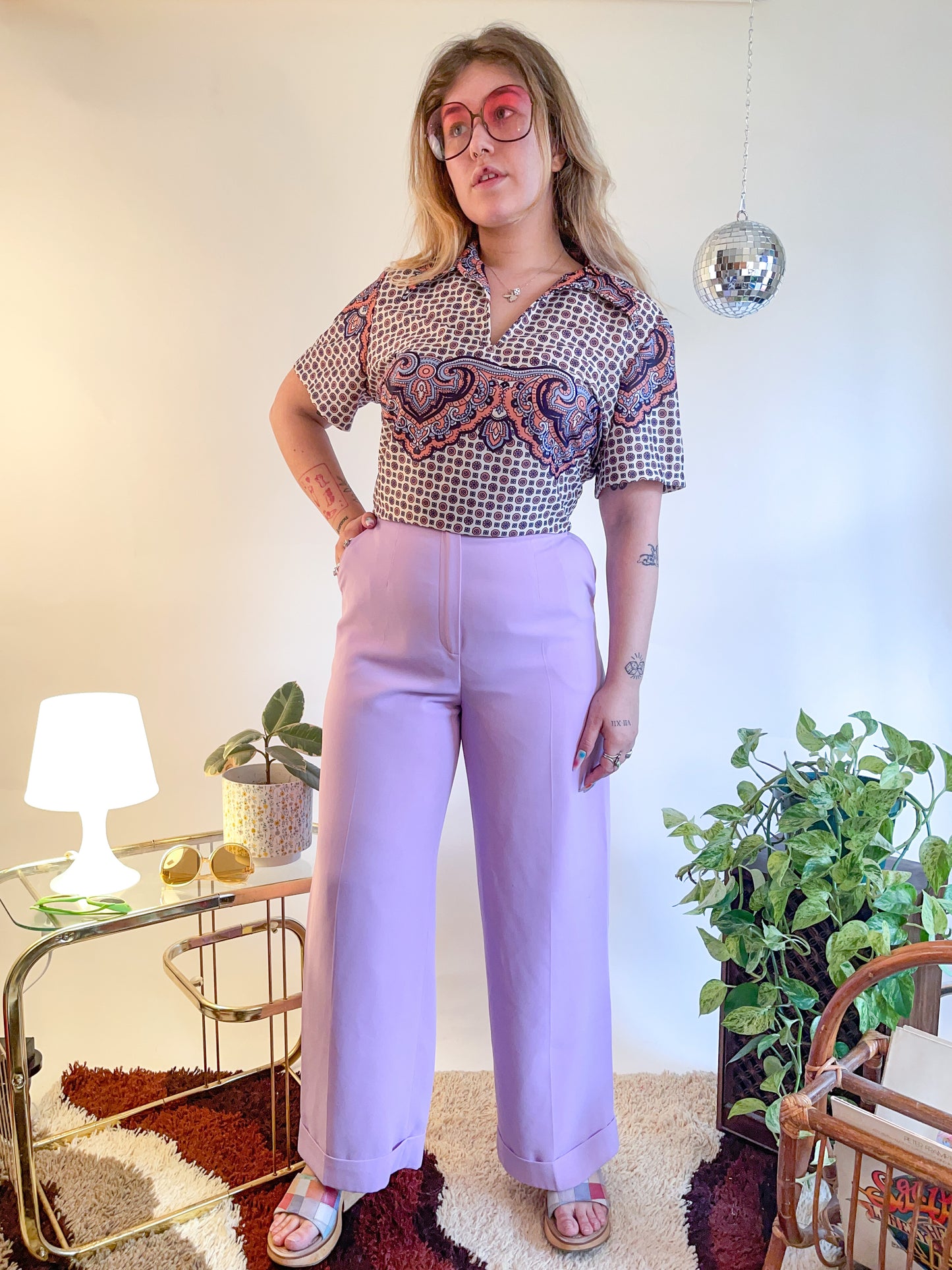 70s Ornate Printed Polo Top (XXL)