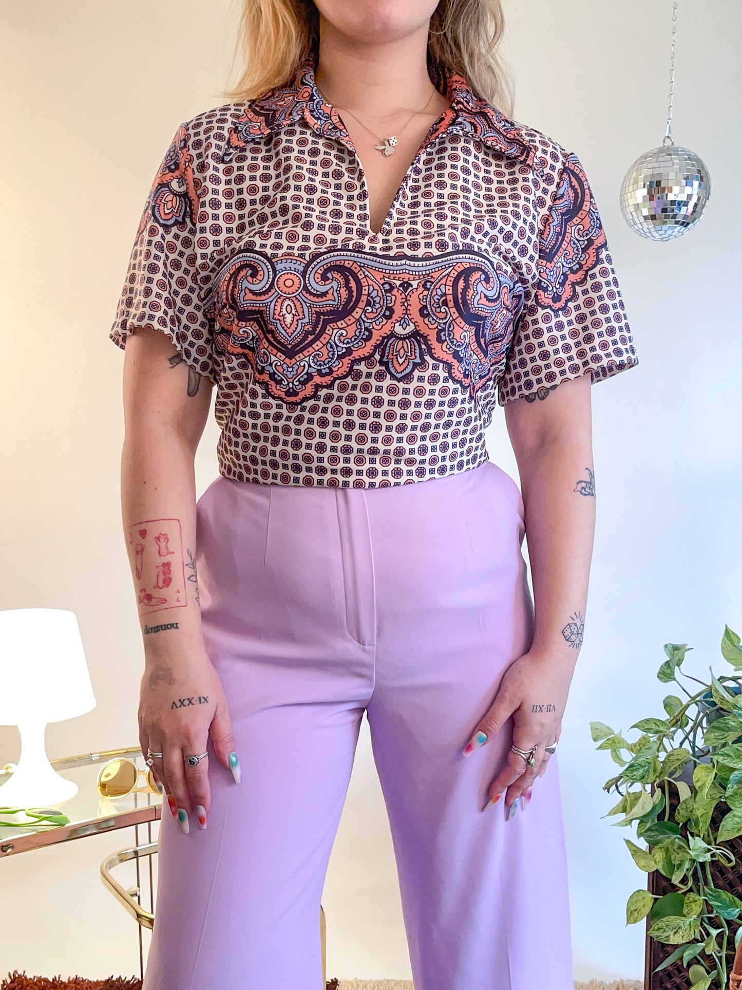 70s Ornate Printed Polo Top (XXL)