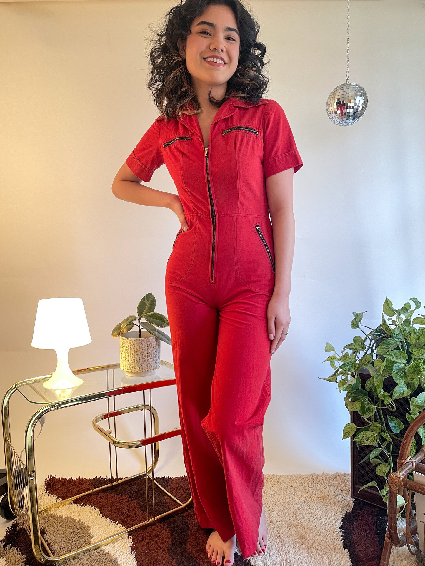 70s Cherry Red Bell Bottom Zip Up Jumpsuit (XS/S)