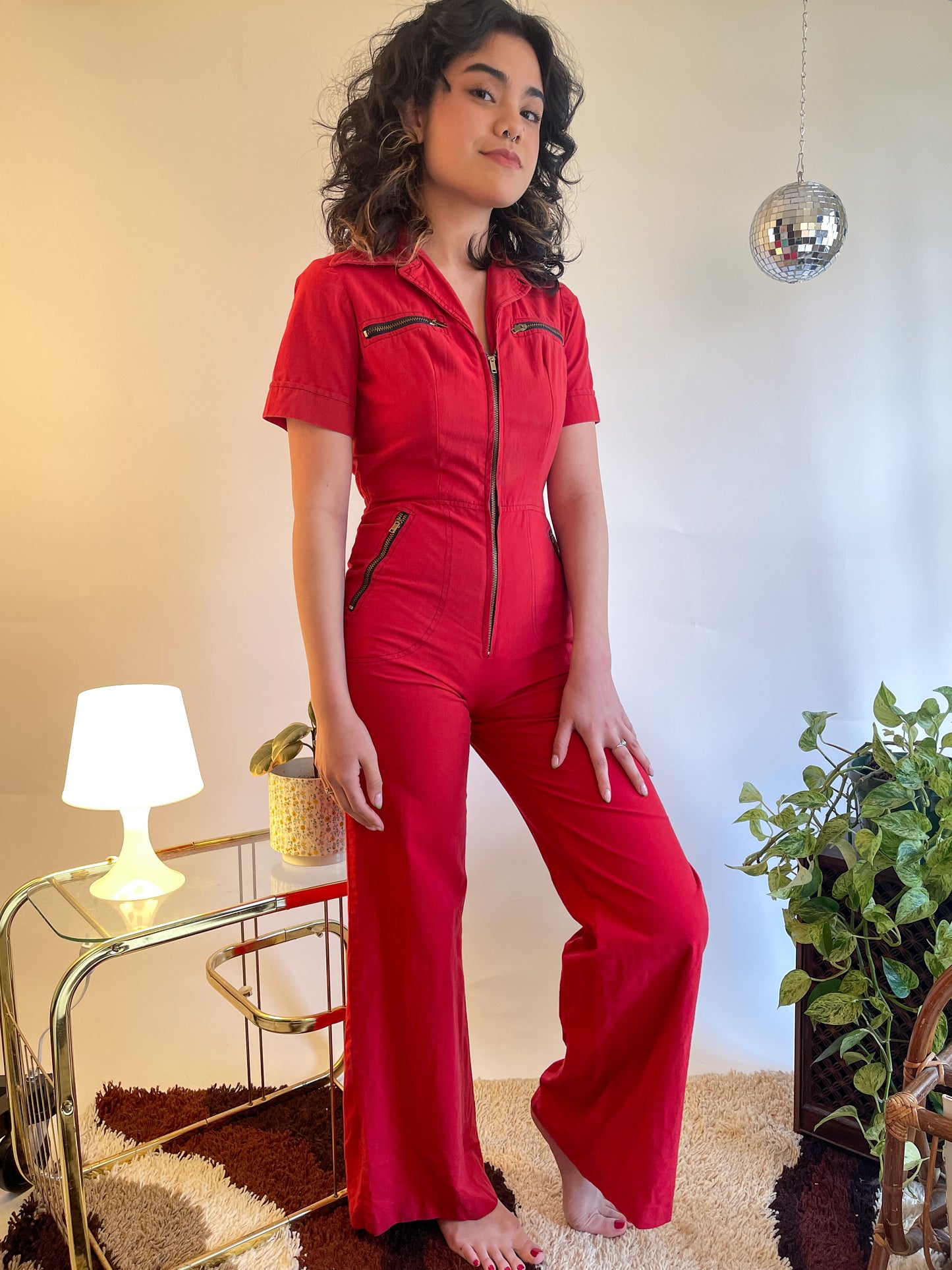 70s Cherry Red Bell Bottom Zip Up Jumpsuit (XS/S)