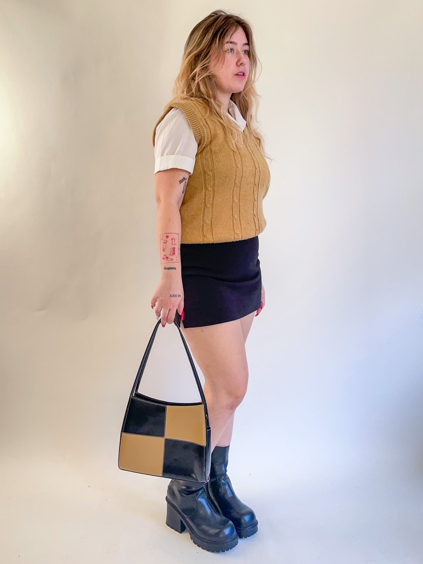 90s Tan & Black Checkered Shoulder Bag