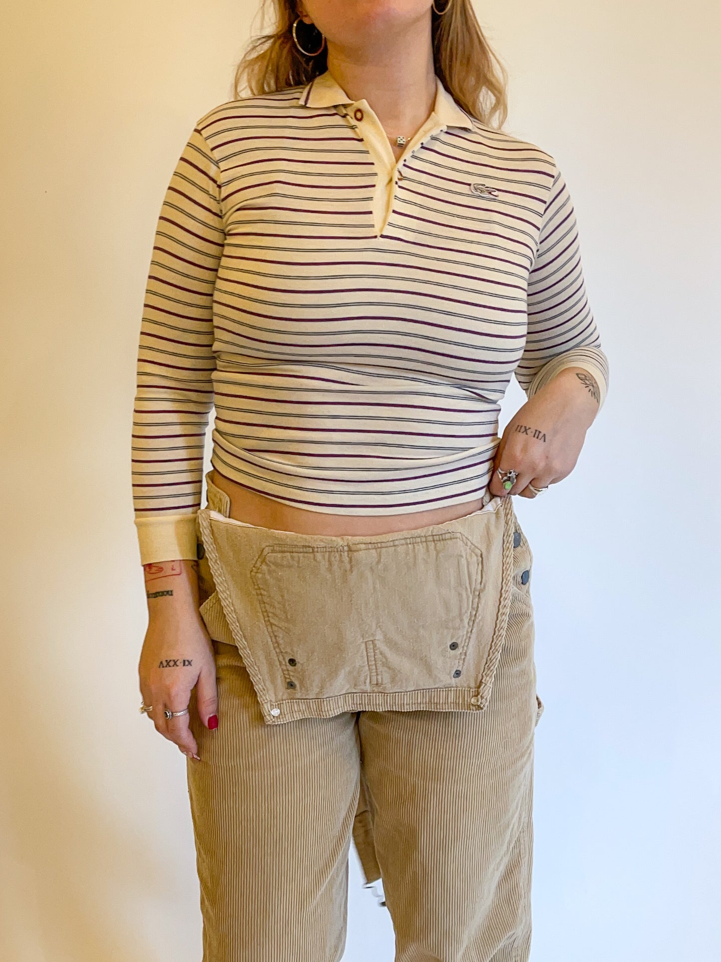 XS 70s Lacoste Cream Striped Polo