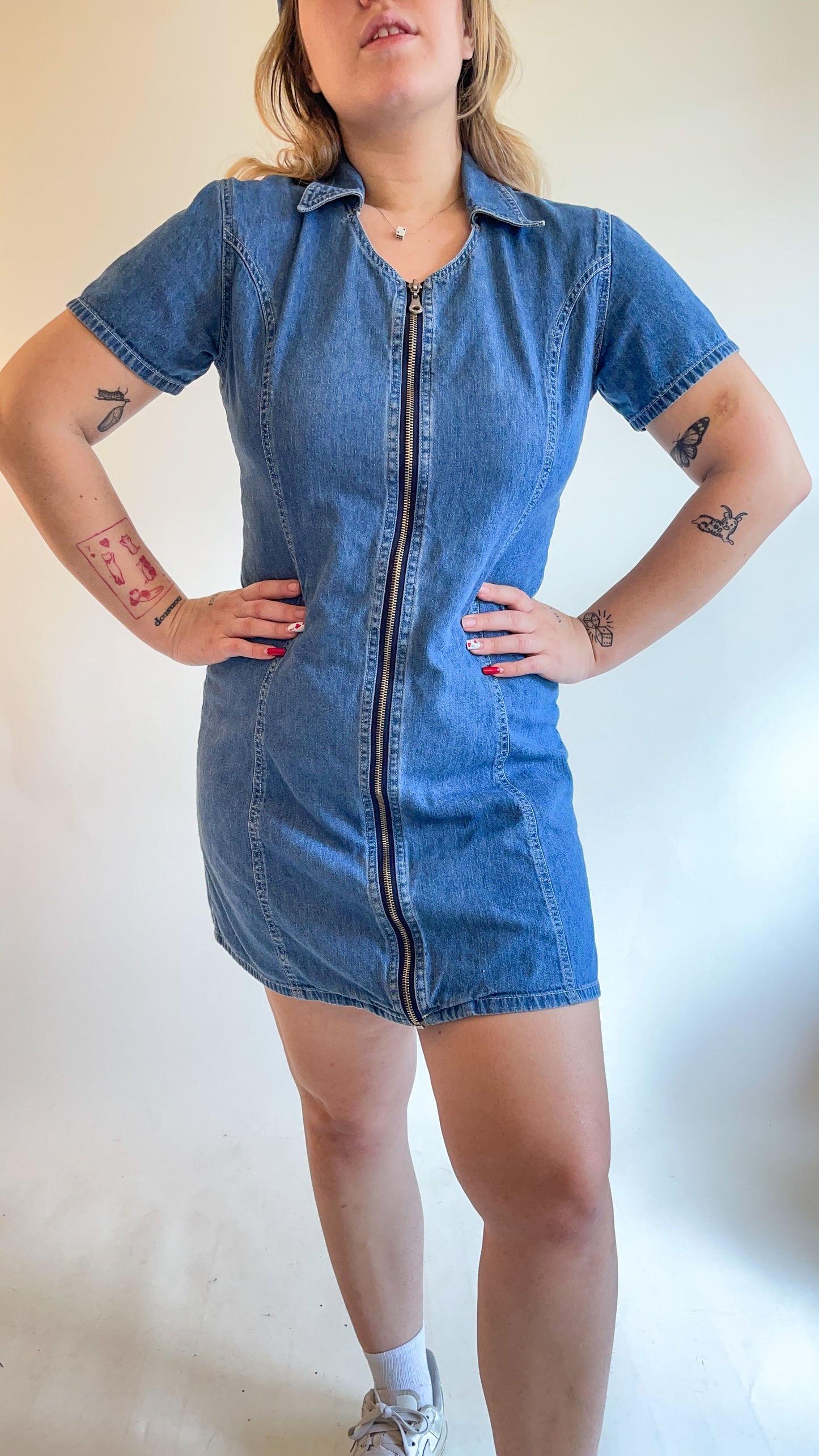 90s Denim Zip Up Mini Dress (M)
