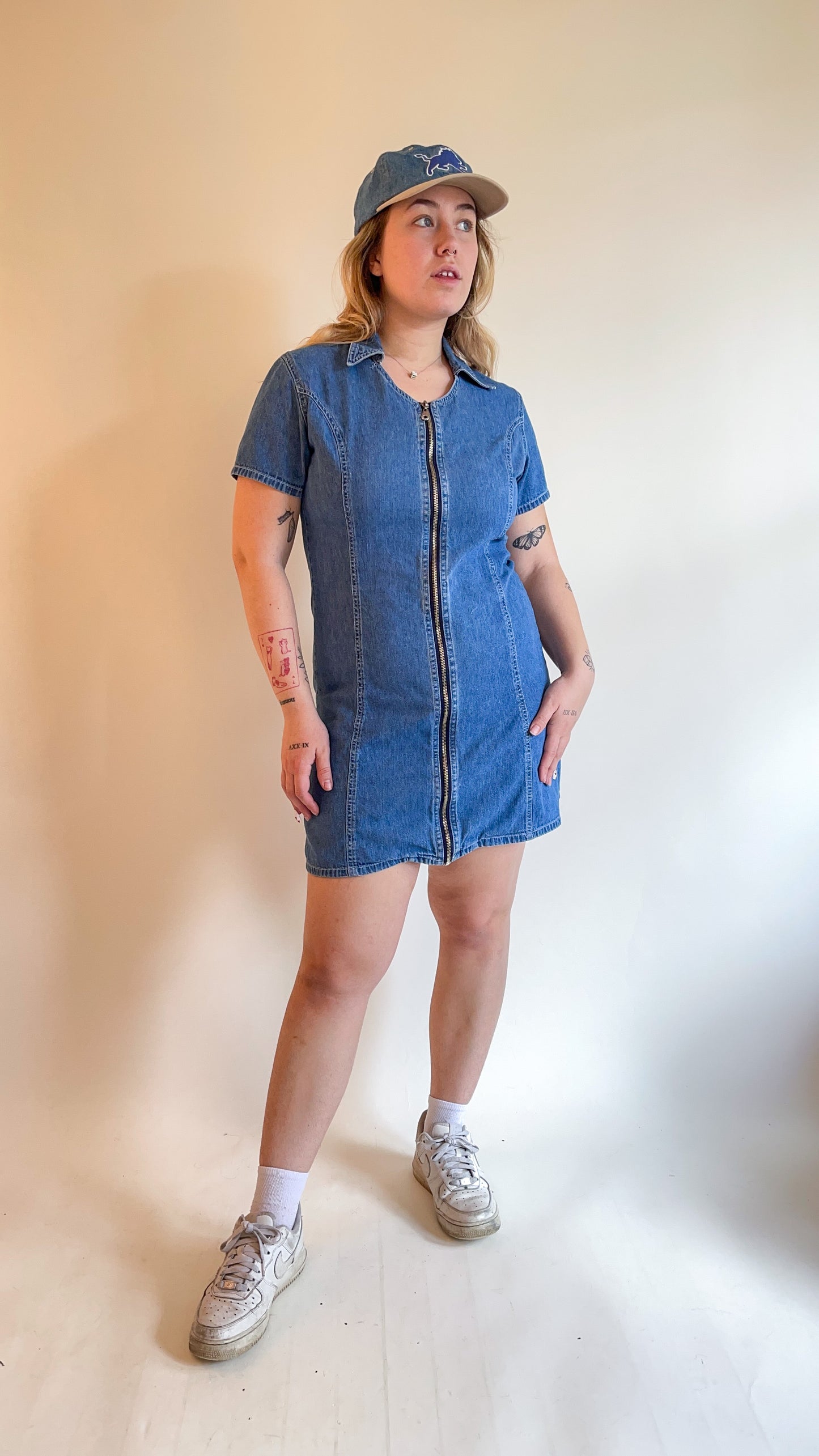 90s Denim Zip Up Mini Dress (M)