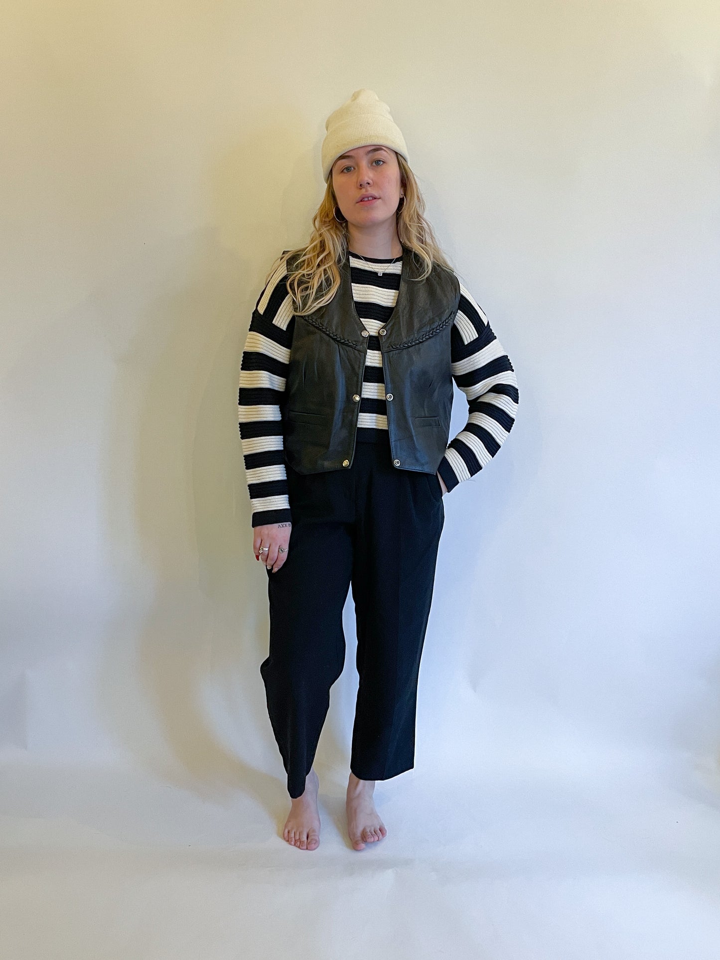 XL 80s Black Leather Vest w/ Braided Detail