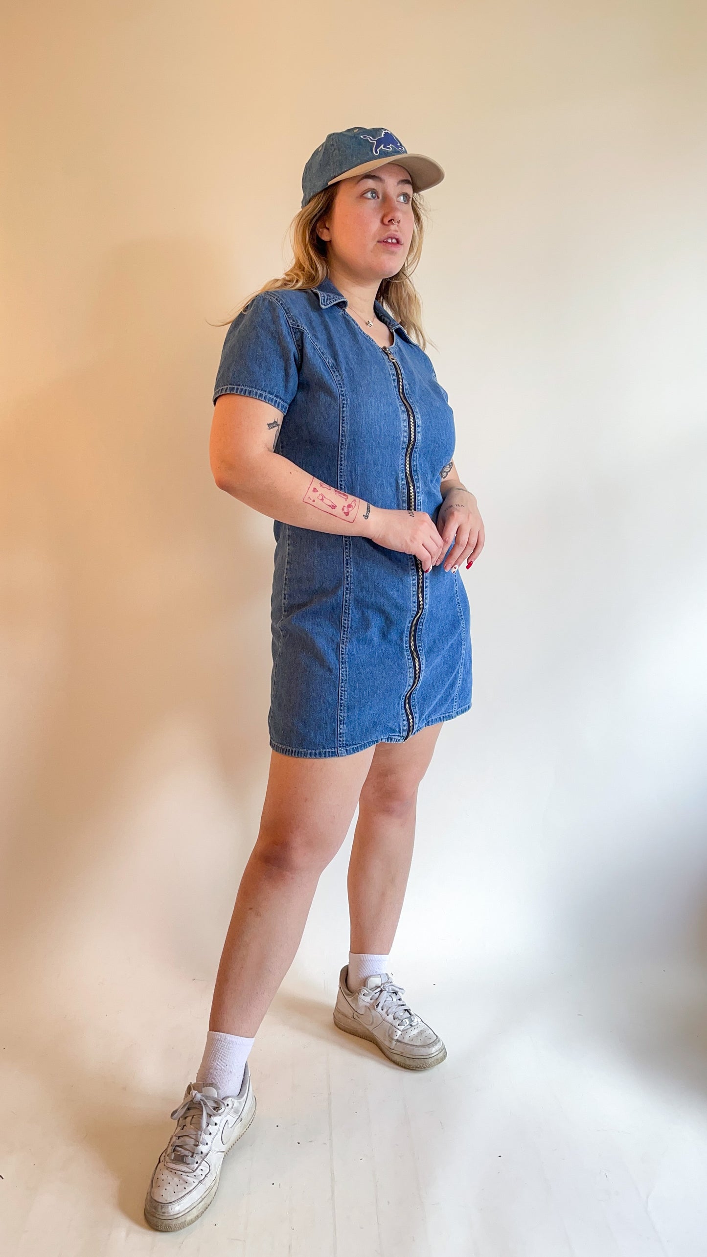 90s Denim Zip Up Mini Dress (M)