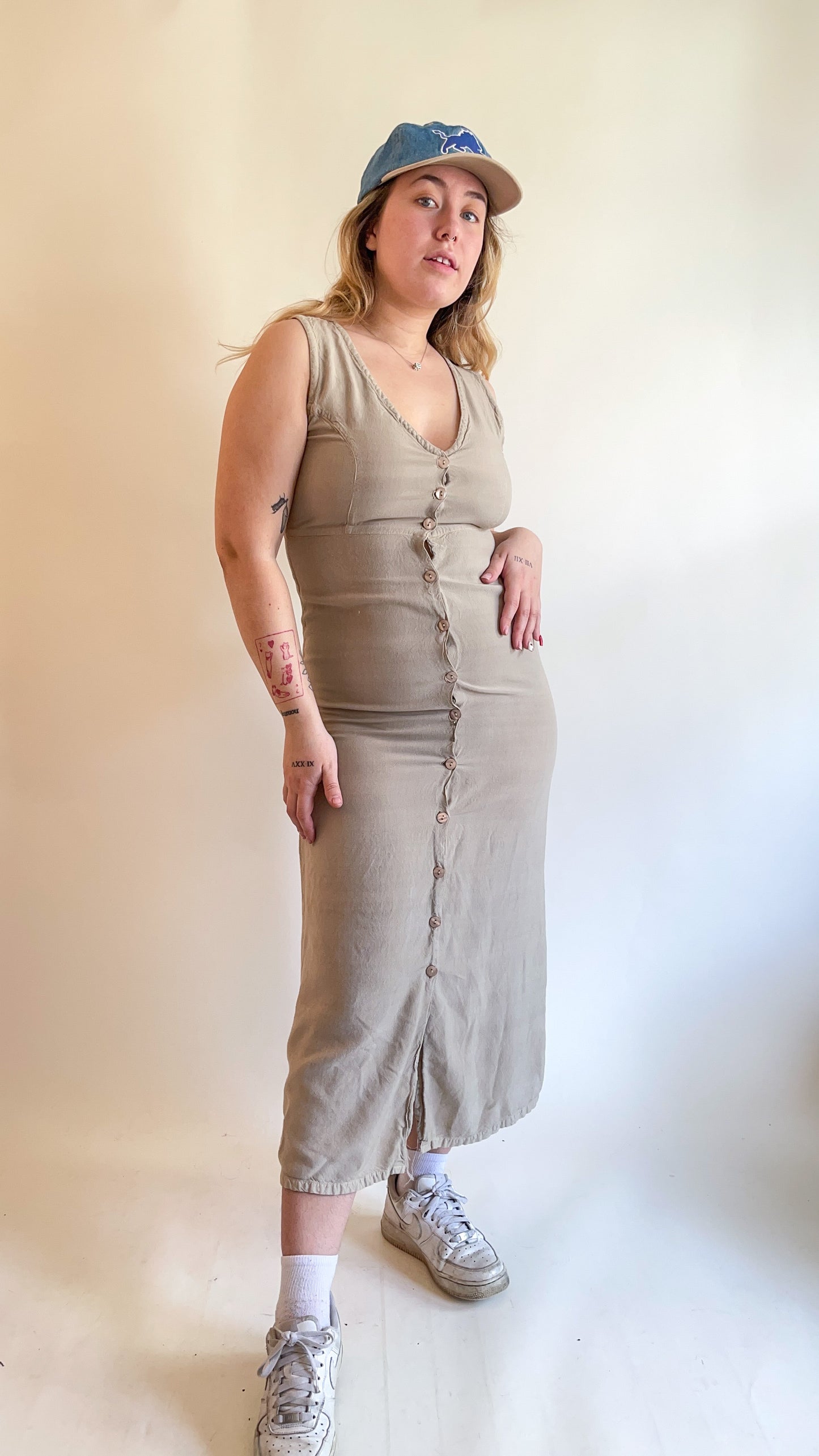 90s Tan Button Up Maxi Dress (S)