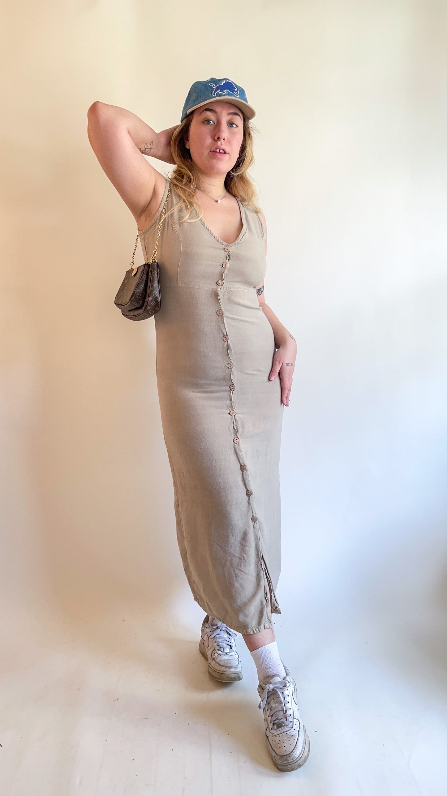 90s Tan Button Up Maxi Dress (S)