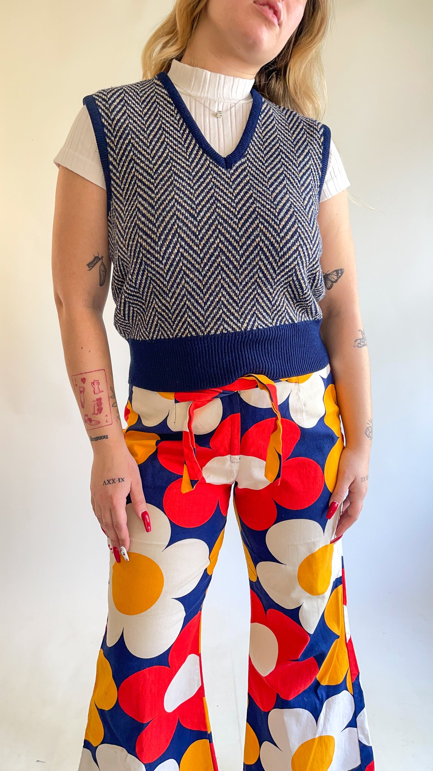 70s Navy Blue Herringbone Sweater Vest (M)